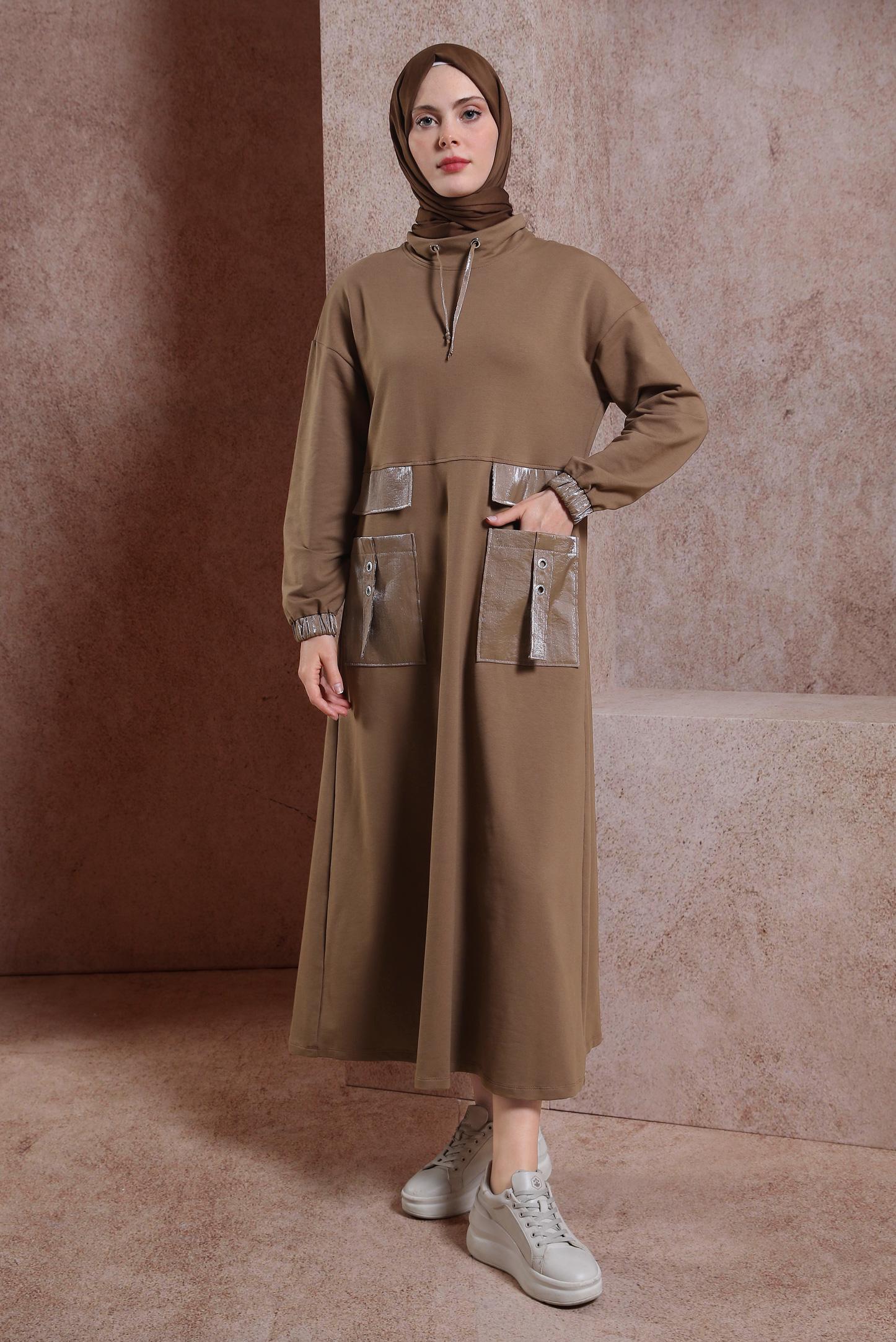 Tesettür giyim KAHVE CEP DETAYLI EŞOFMAN ELBİSE 44486