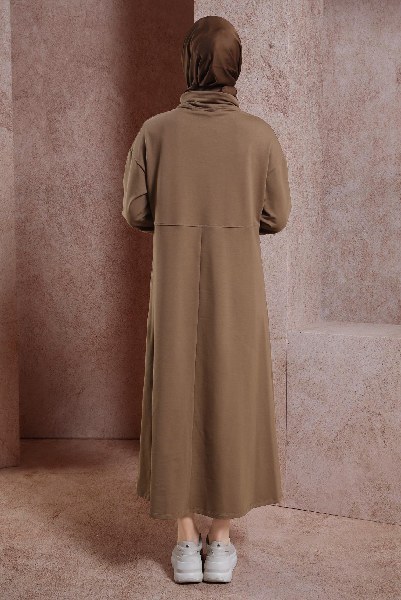 Tesettür giyim KAHVE CEP DETAYLI EŞOFMAN ELBİSE 44486