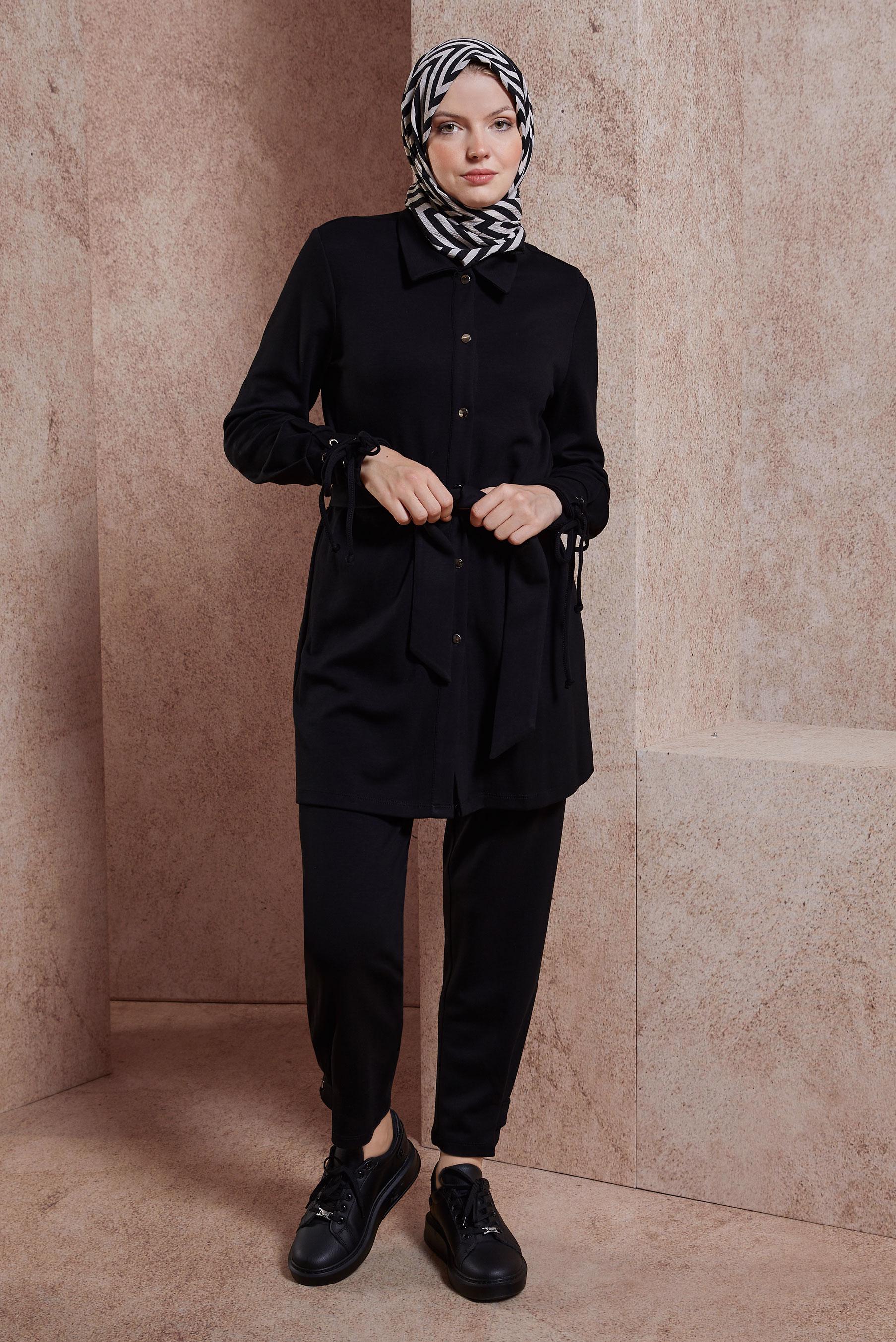 Tesettür giyim SİYAH KUŞAKLI PANTOLONLU TAKIM 44499