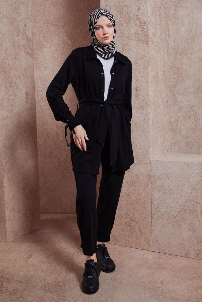 Tesettür giyim SİYAH KUŞAKLI PANTOLONLU TAKIM 44499 - ALVİNA