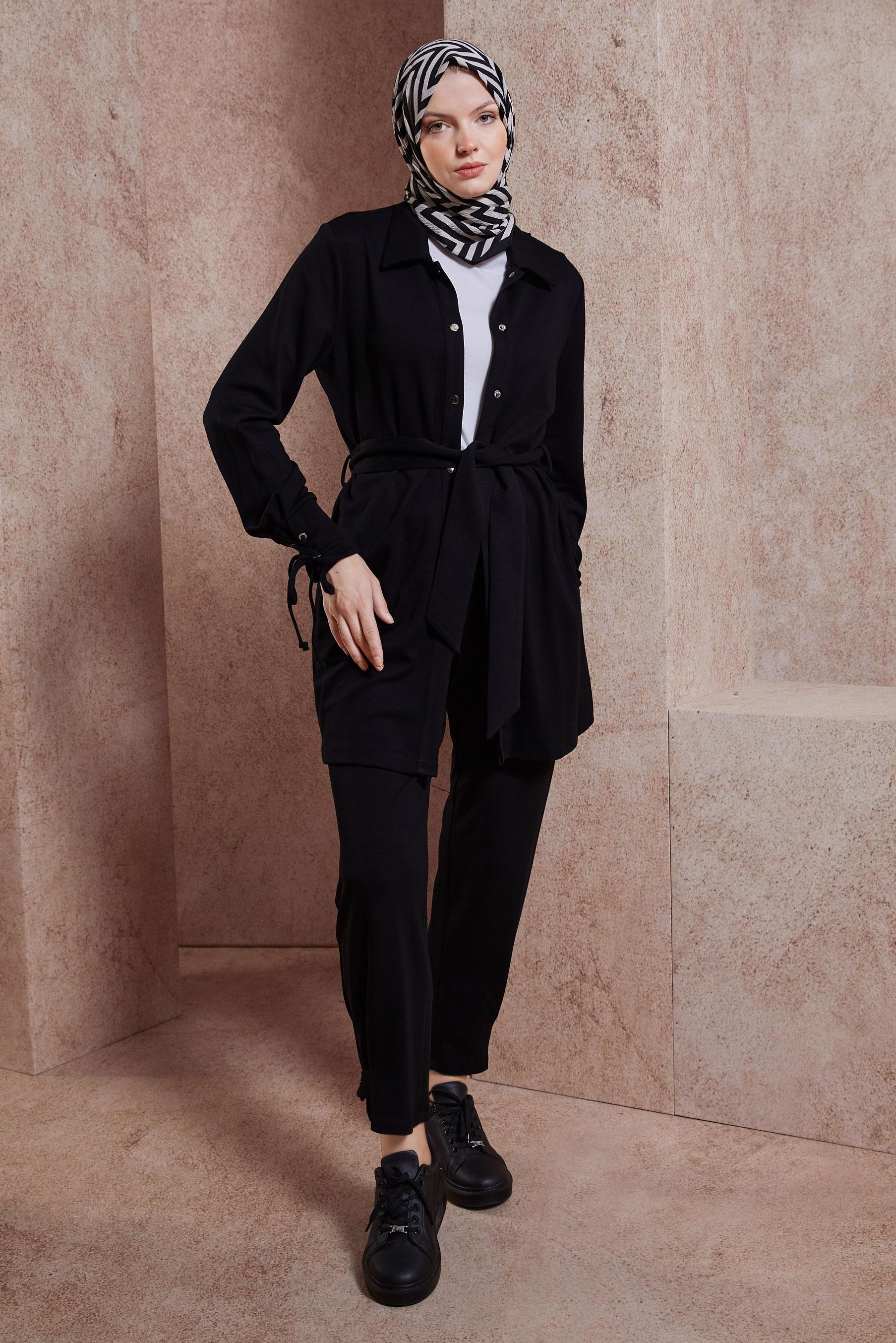 Tesettür giyim SİYAH KUŞAKLI PANTOLONLU TAKIM 44499