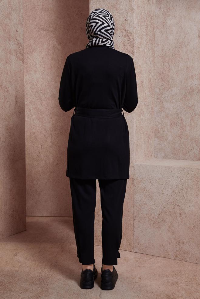 Tesettür giyim SİYAH KUŞAKLI PANTOLONLU TAKIM 44499 - ALVİNA
