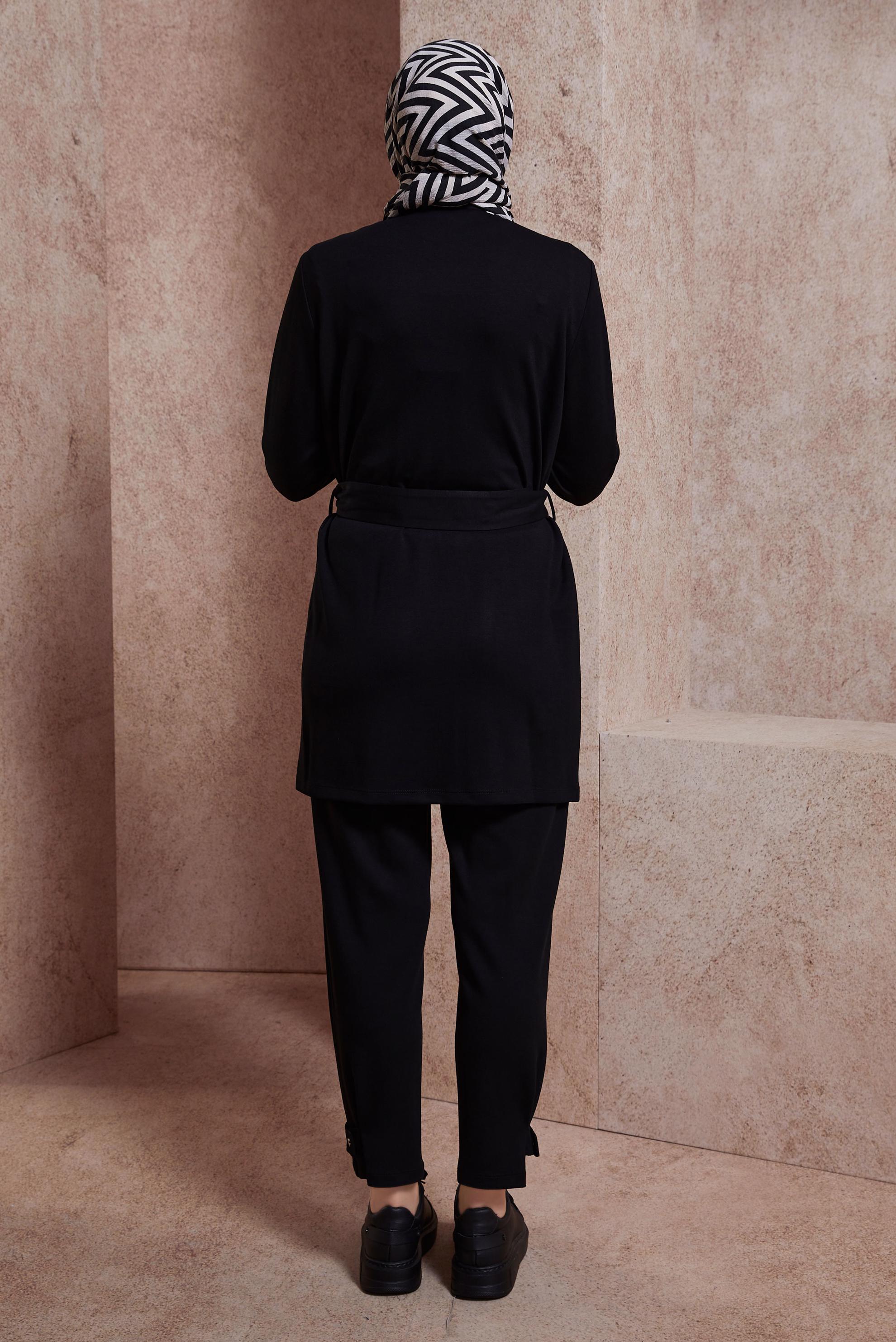 Tesettür giyim SİYAH KUŞAKLI PANTOLONLU TAKIM 44499