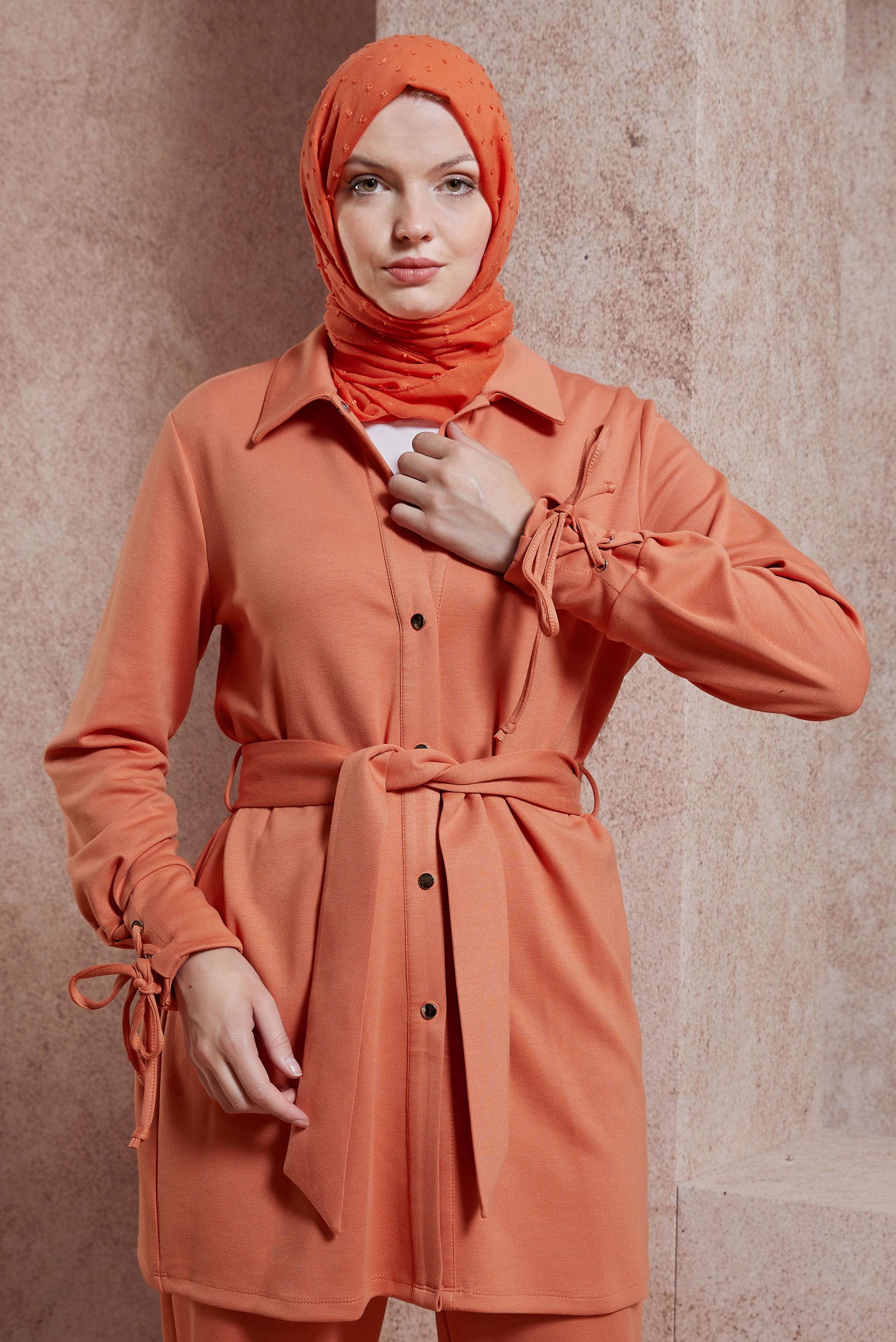 Tesettür giyim TURUNCU KUŞAKLI PANTOLONLU TAKIM 44499