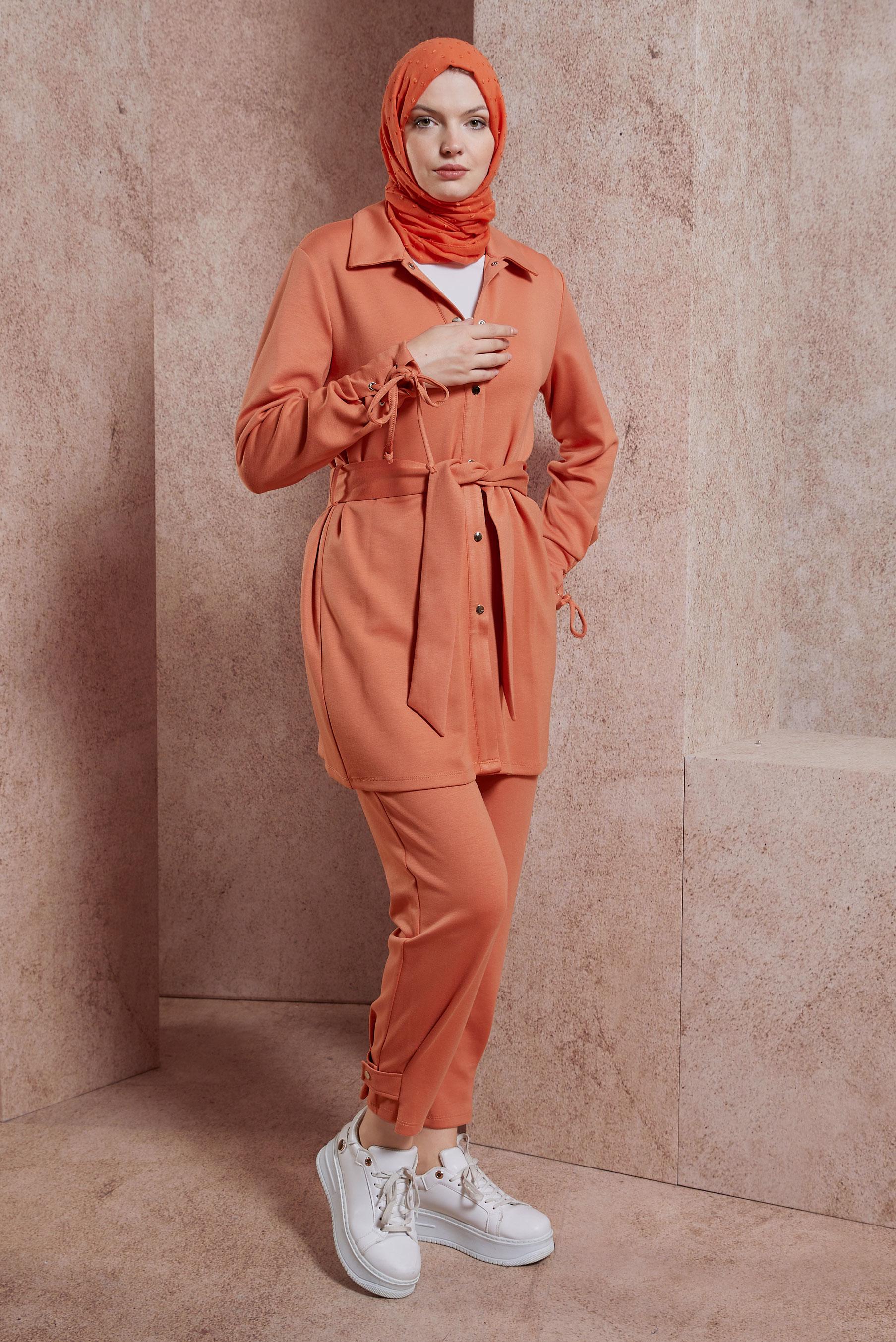 Tesettür giyim TURUNCU KUŞAKLI PANTOLONLU TAKIM 44499