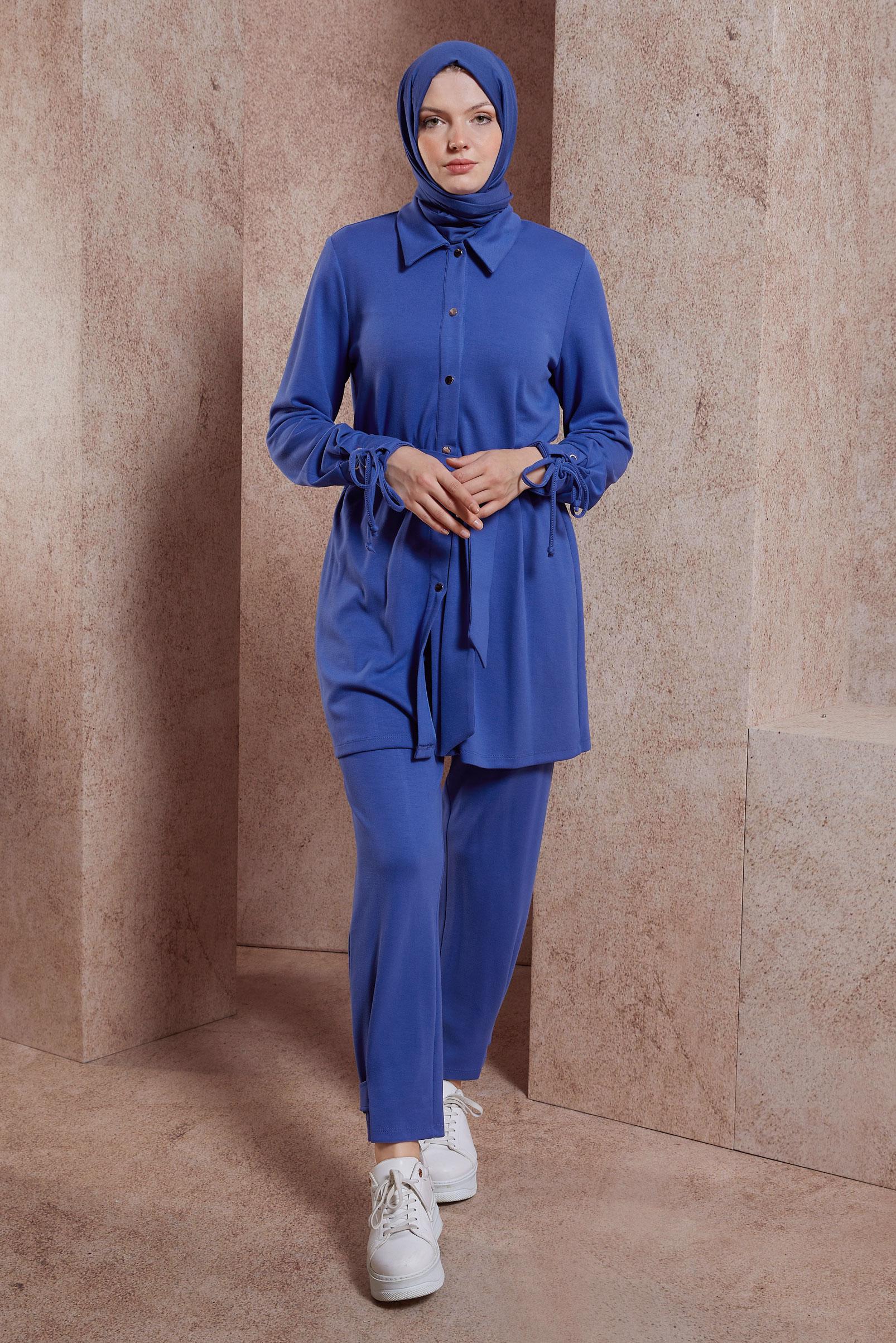 Tesettür giyim LACİVERT KUŞAKLI PANTOLONLU TAKIM 44499