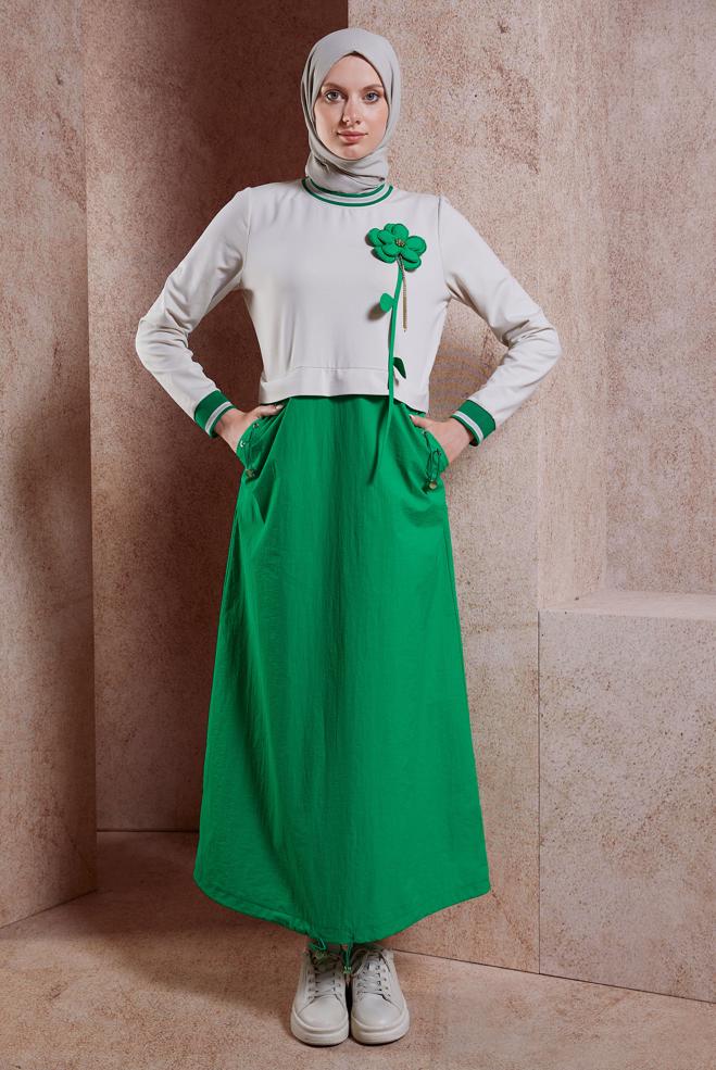 Tesettür giyim YEŞİL PAMUKLU TESETTÜR EŞOFMAN ELBİSE 44514 - ALVİNA