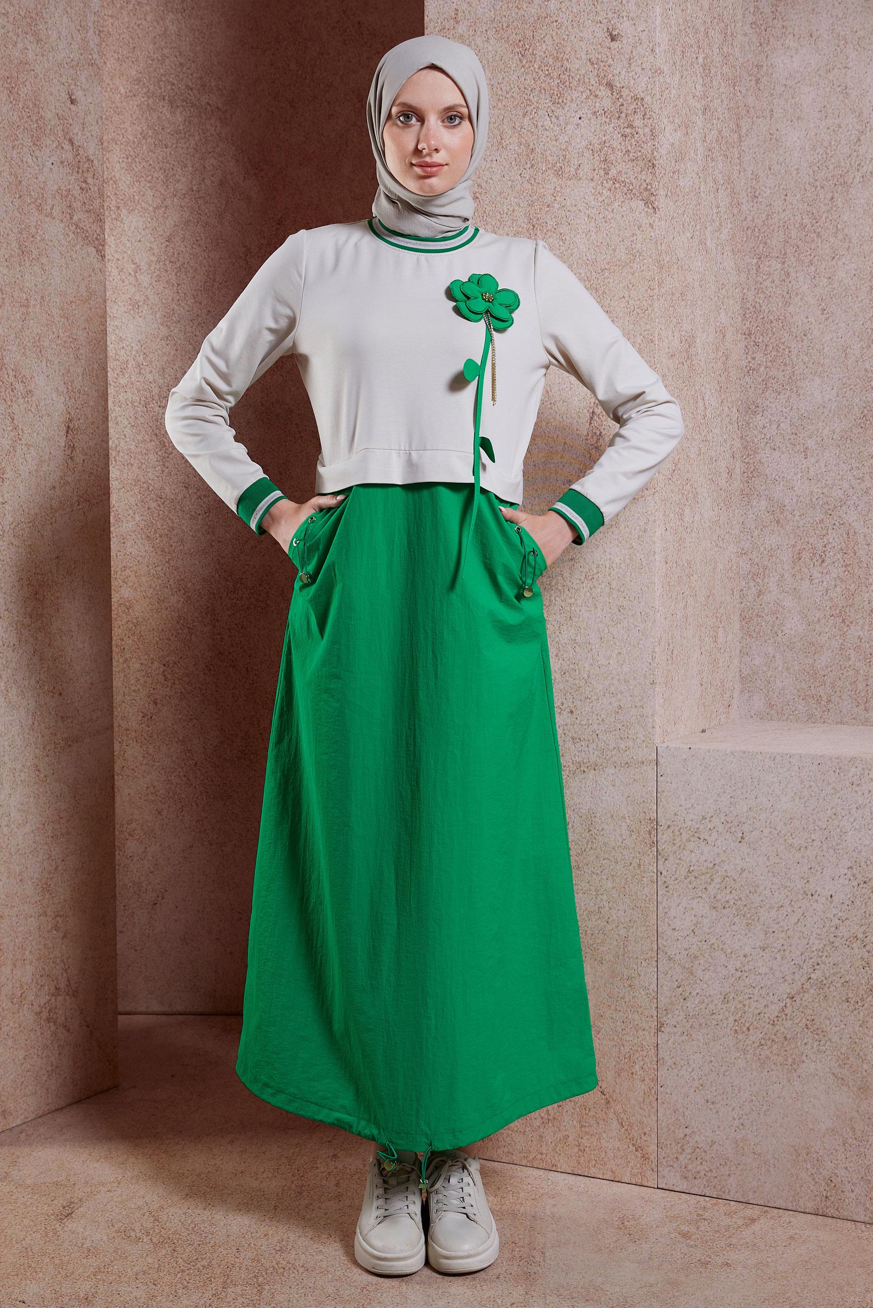 Tesettür giyim YEŞİL PAMUKLU TESETTÜR EŞOFMAN ELBİSE 44514