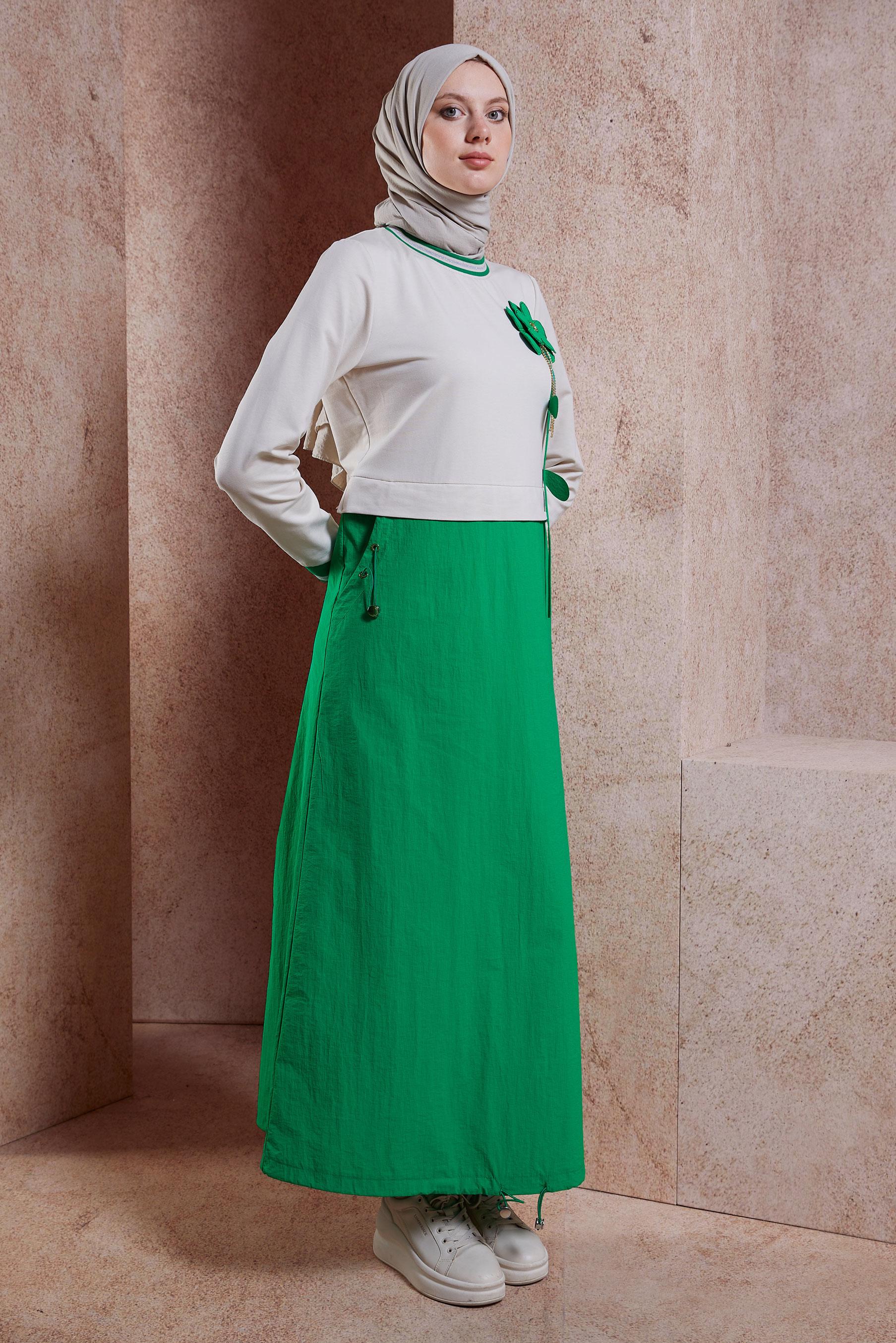 Tesettür giyim YEŞİL PAMUKLU TESETTÜR EŞOFMAN ELBİSE 44514