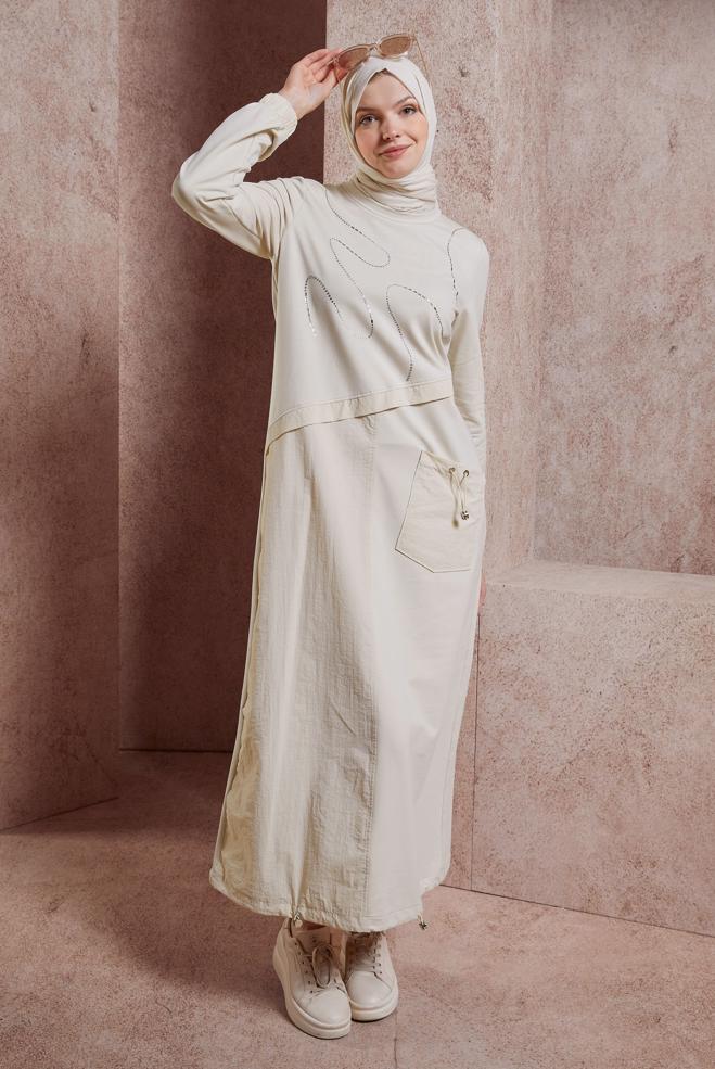 Vêtements hijab BEIGE ROBE DE SURVÊTEMENT 44515 - ALVİNA