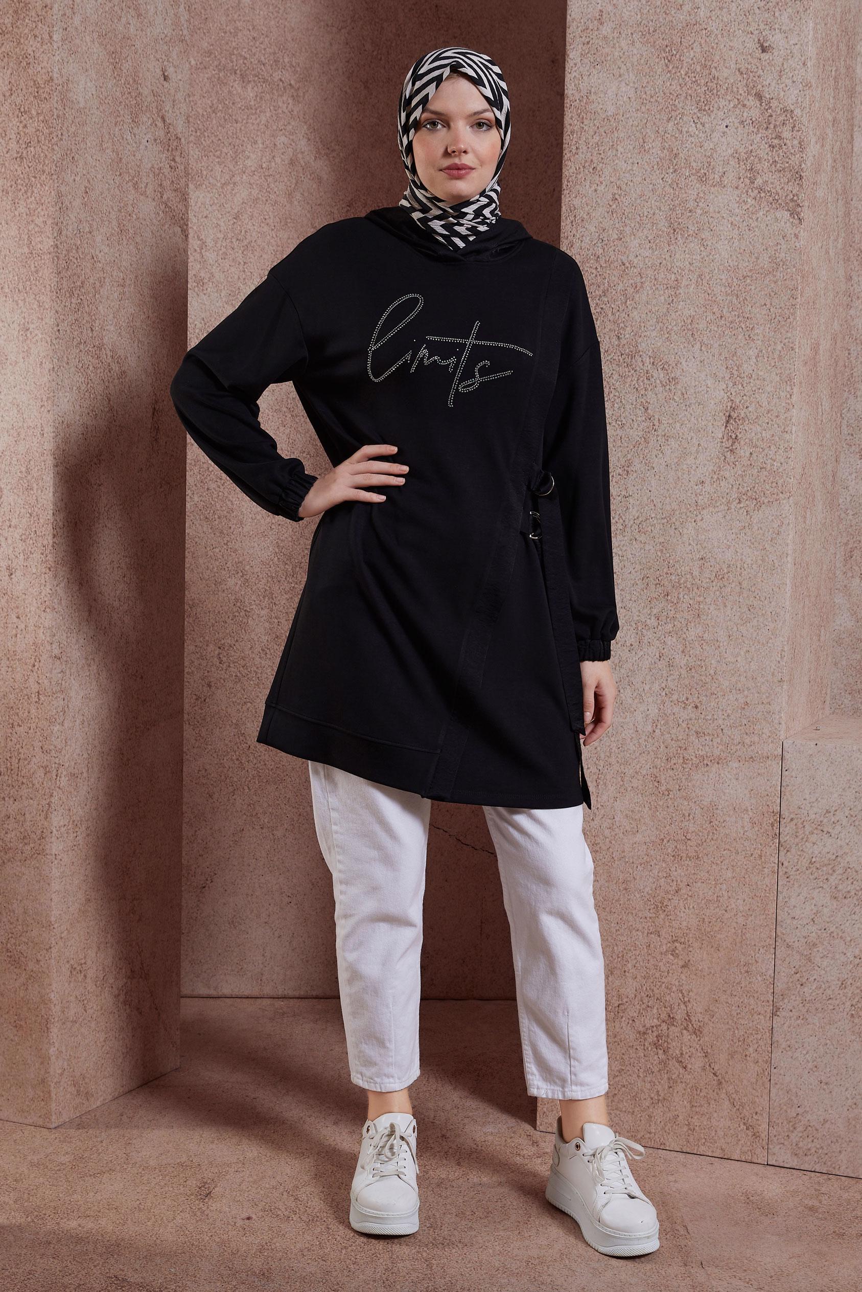 Tesettür giyim SİYAH TAŞ BASKILI EŞOFMAN TUNİK 44516