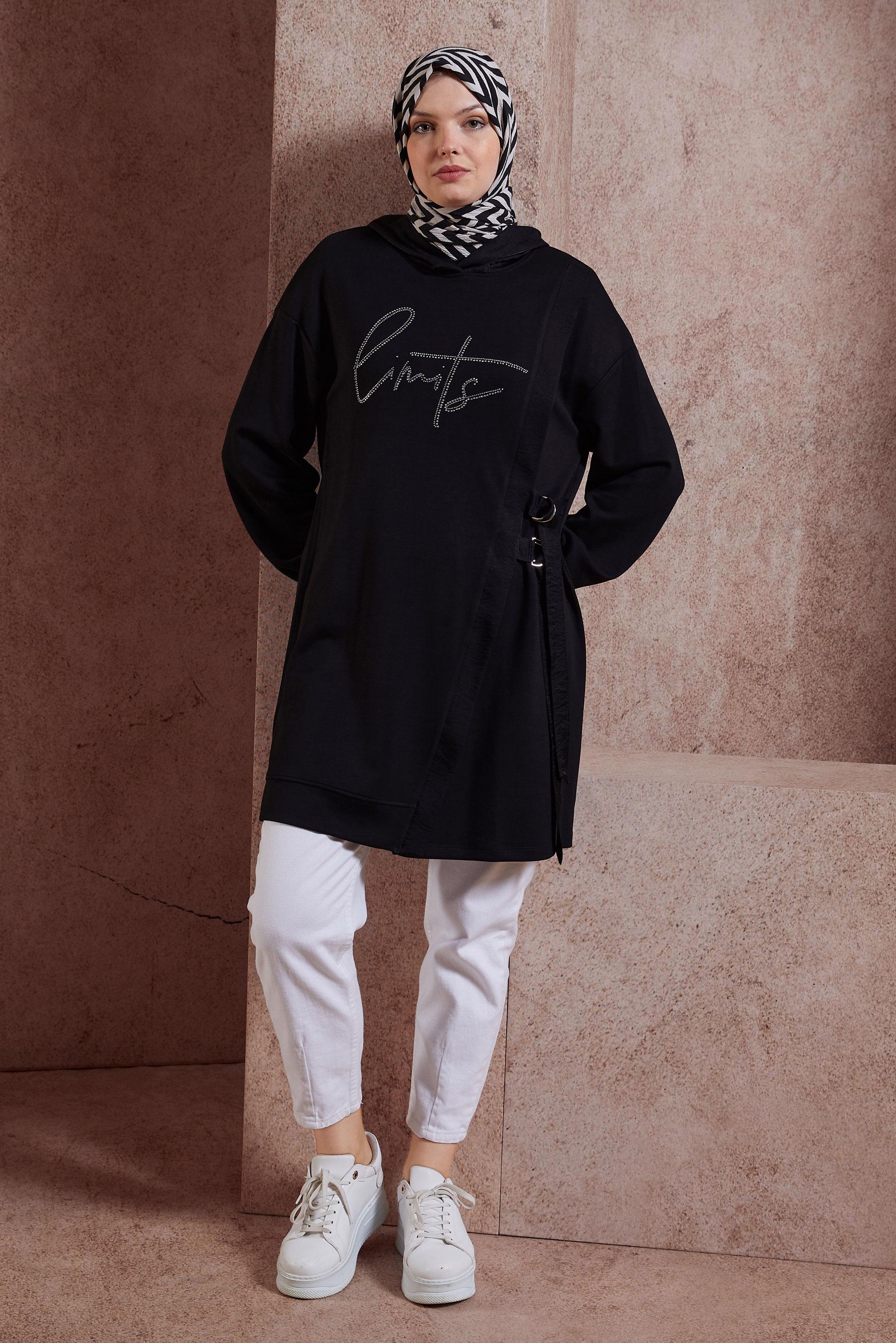 Tesettür giyim SİYAH TAŞ BASKILI EŞOFMAN TUNİK 44516