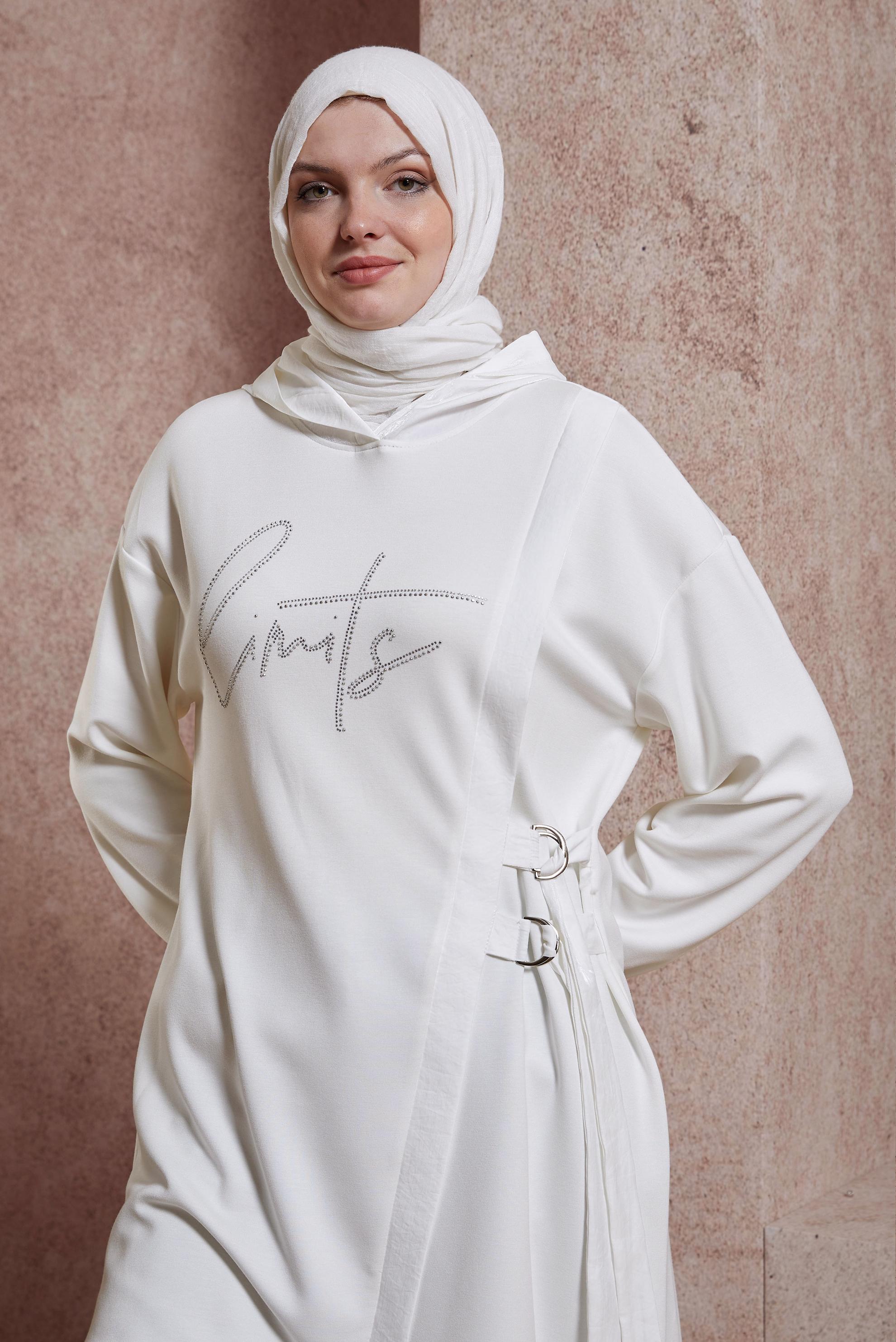 Tesettür giyim BEYAZ TAŞ BASKILI EŞOFMAN TUNİK 44516