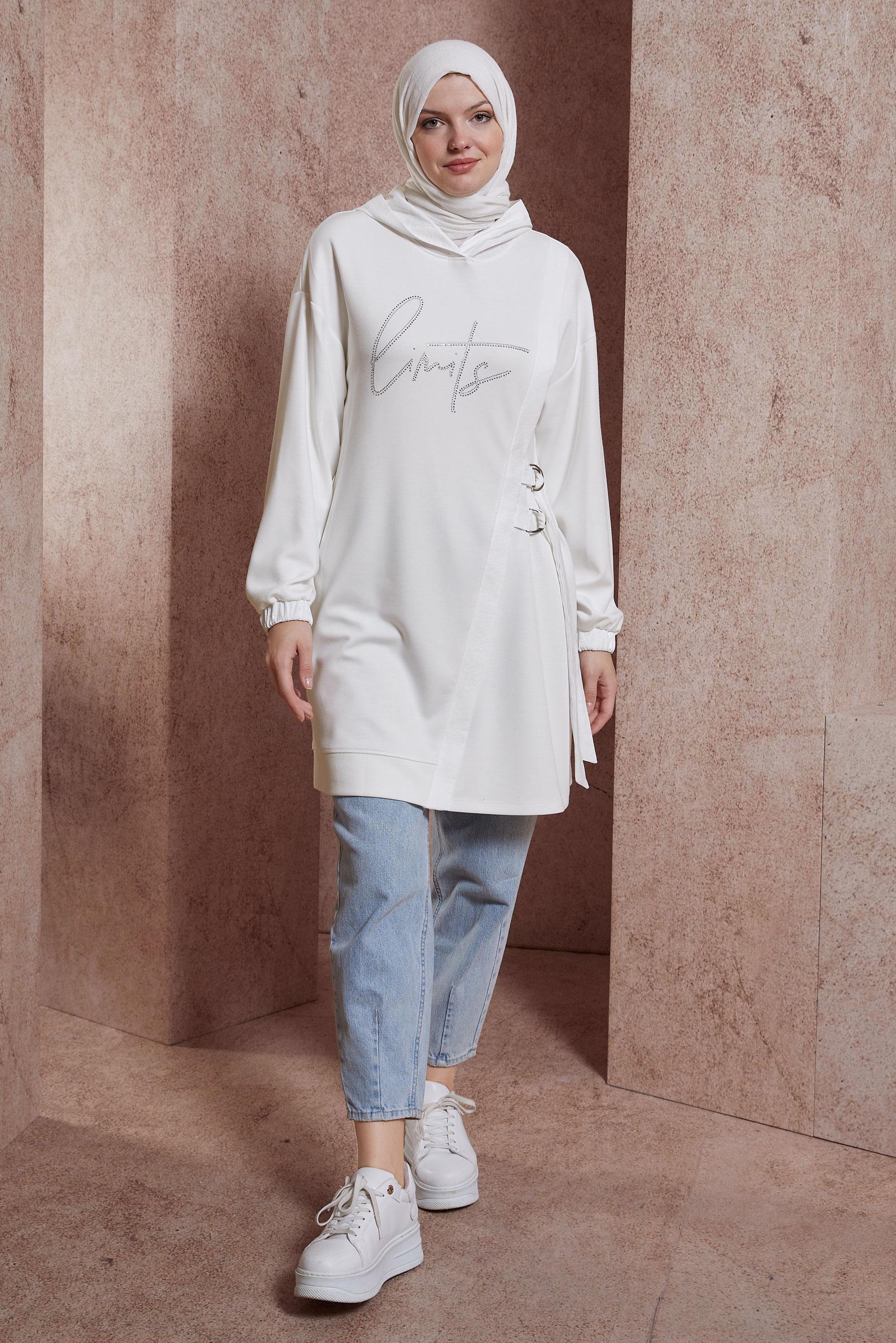 Tesettür giyim BEYAZ TAŞ BASKILI EŞOFMAN TUNİK 44516