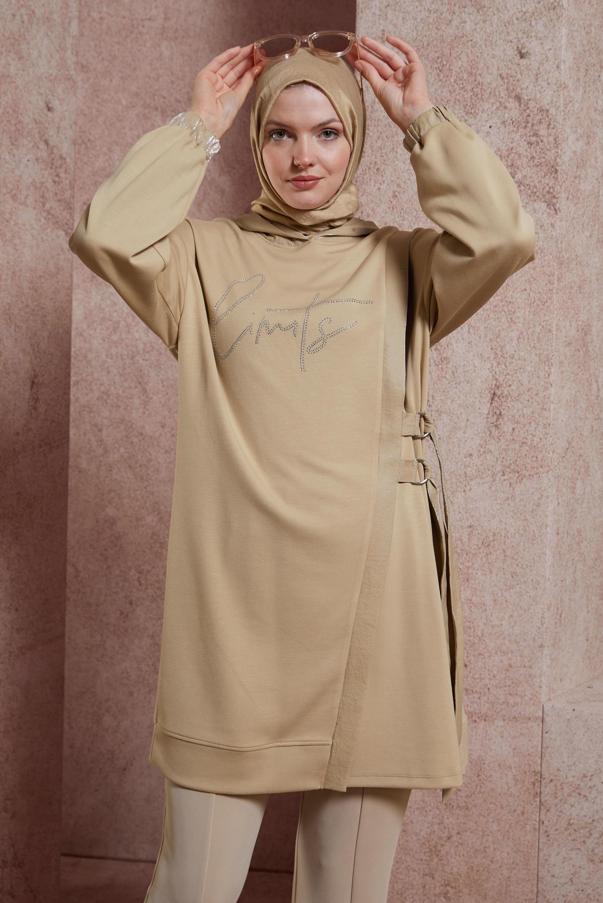 Tesettür giyim KAHVE TAŞ BASKILI EŞOFMAN TUNİK 44516
