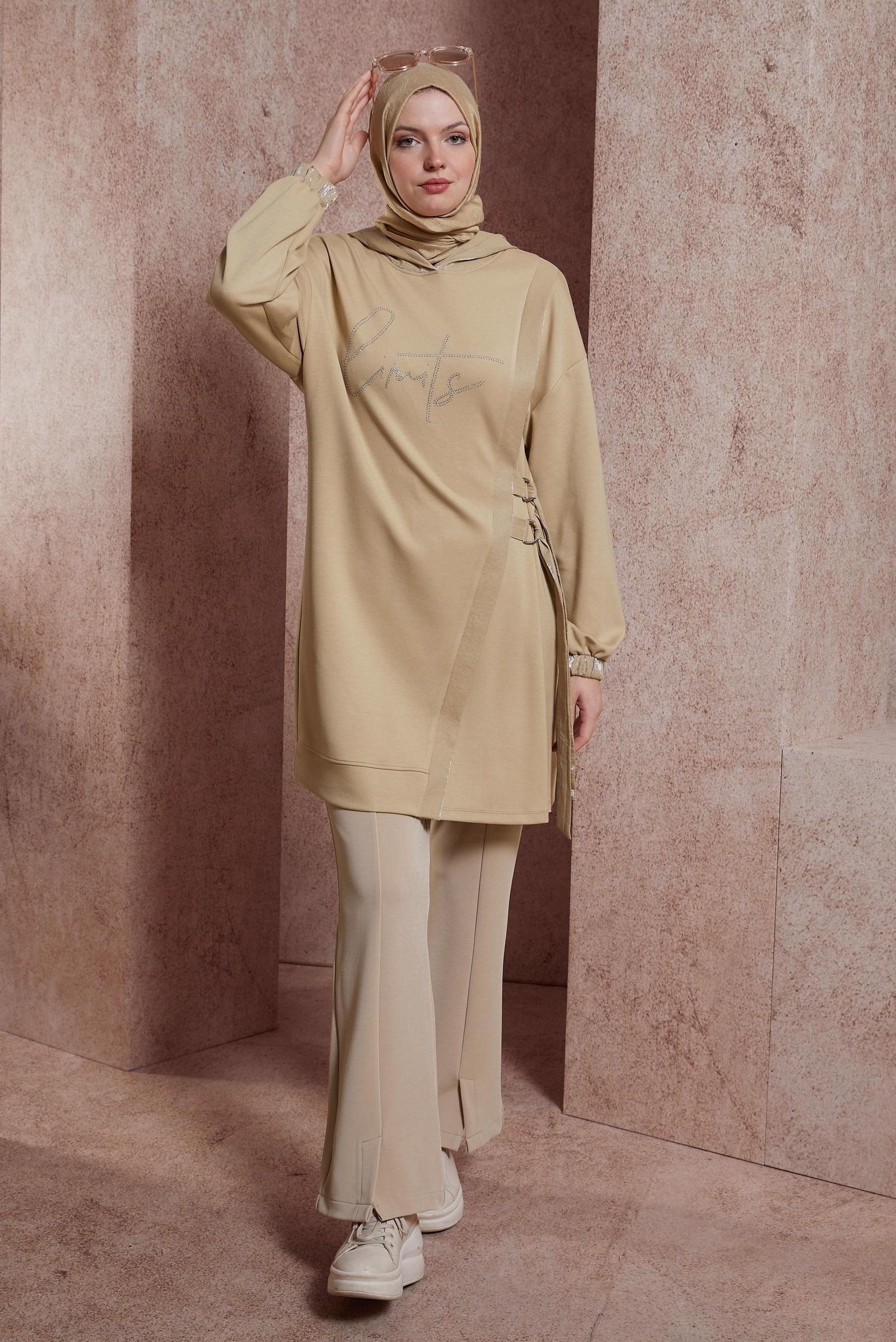 Tesettür giyim KAHVE TAŞ BASKILI EŞOFMAN TUNİK 44516