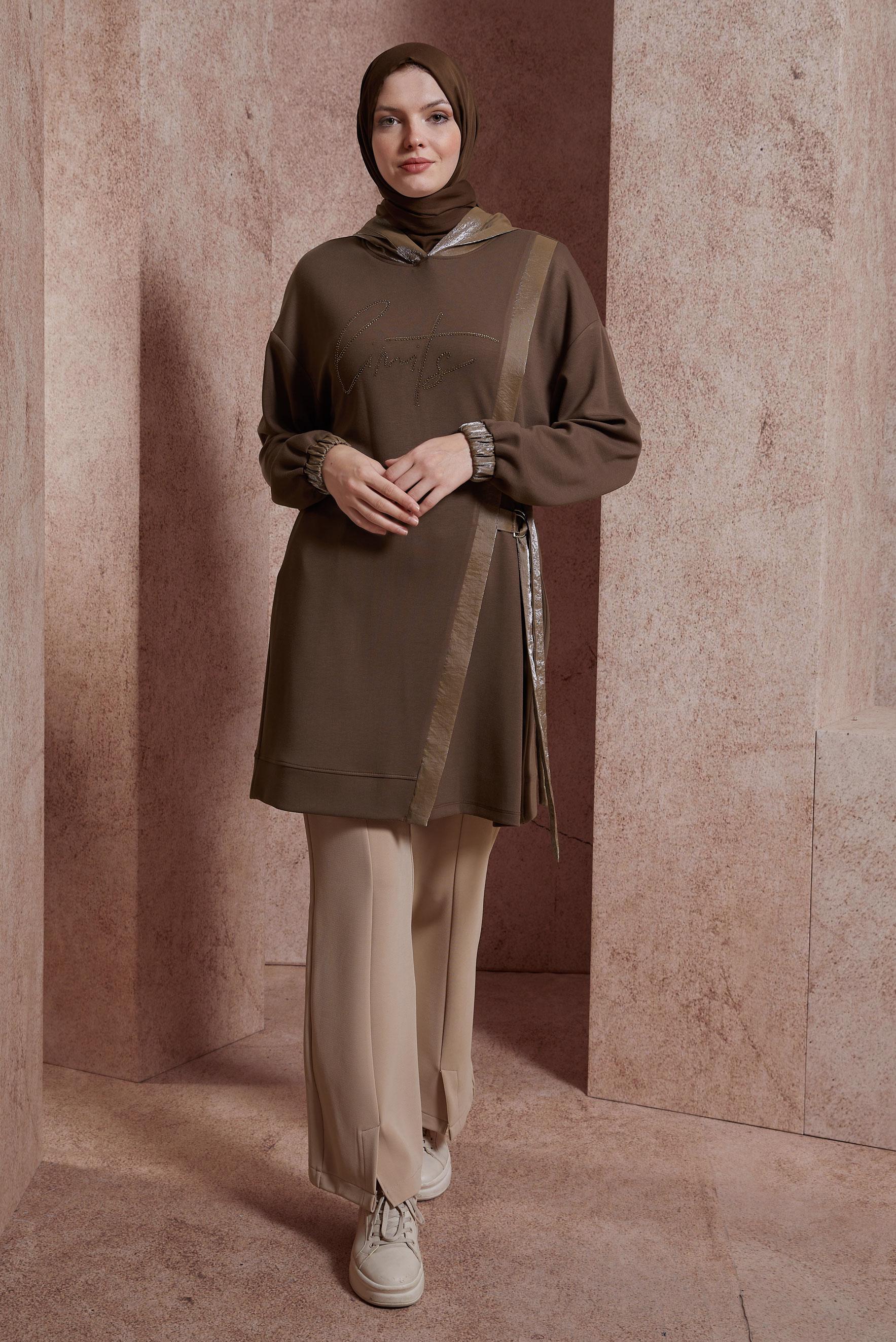 Tesettür giyim KAHVE TAŞ BASKILI EŞOFMAN TUNİK 44516