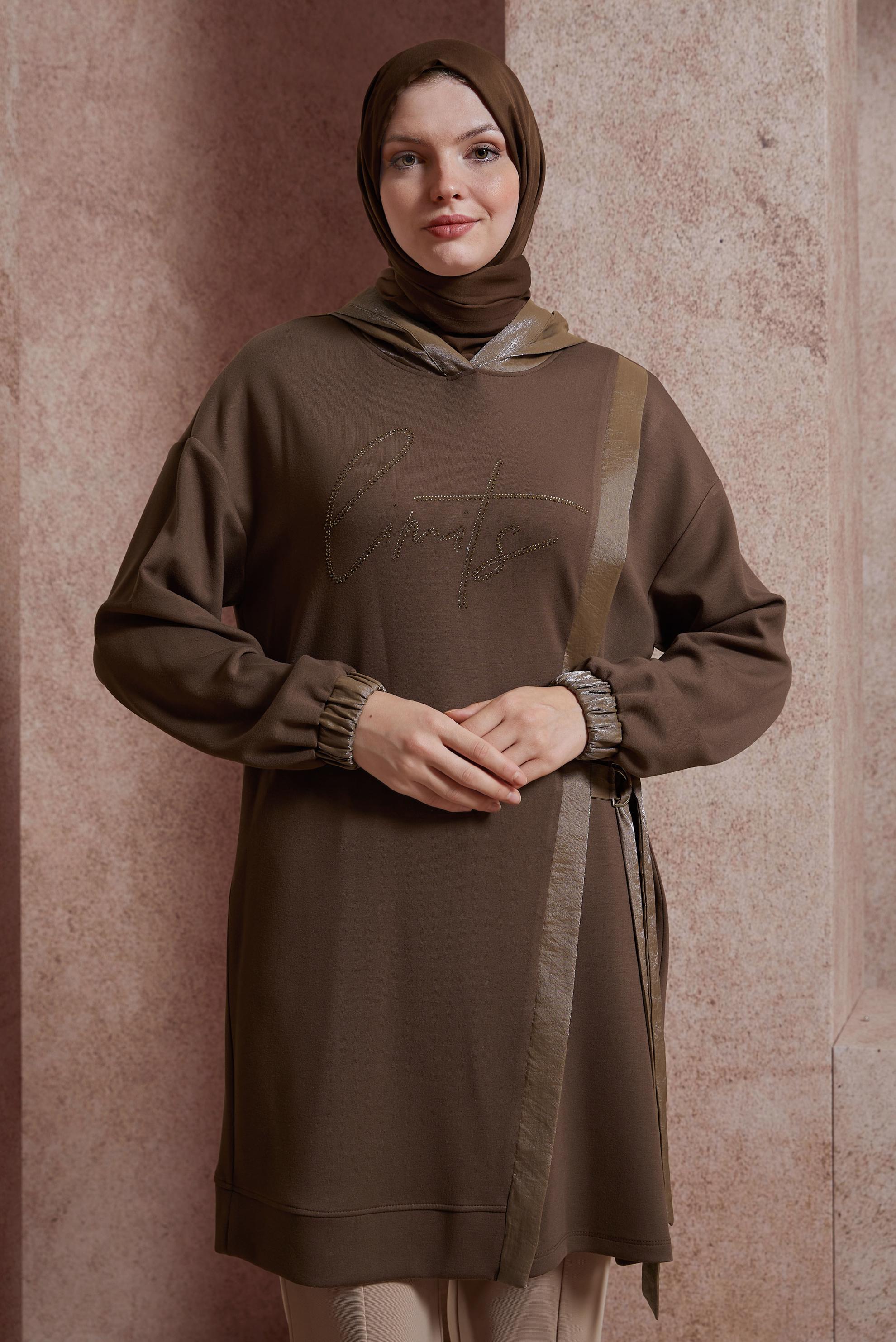 Tesettür giyim KAHVE TAŞ BASKILI EŞOFMAN TUNİK 44516