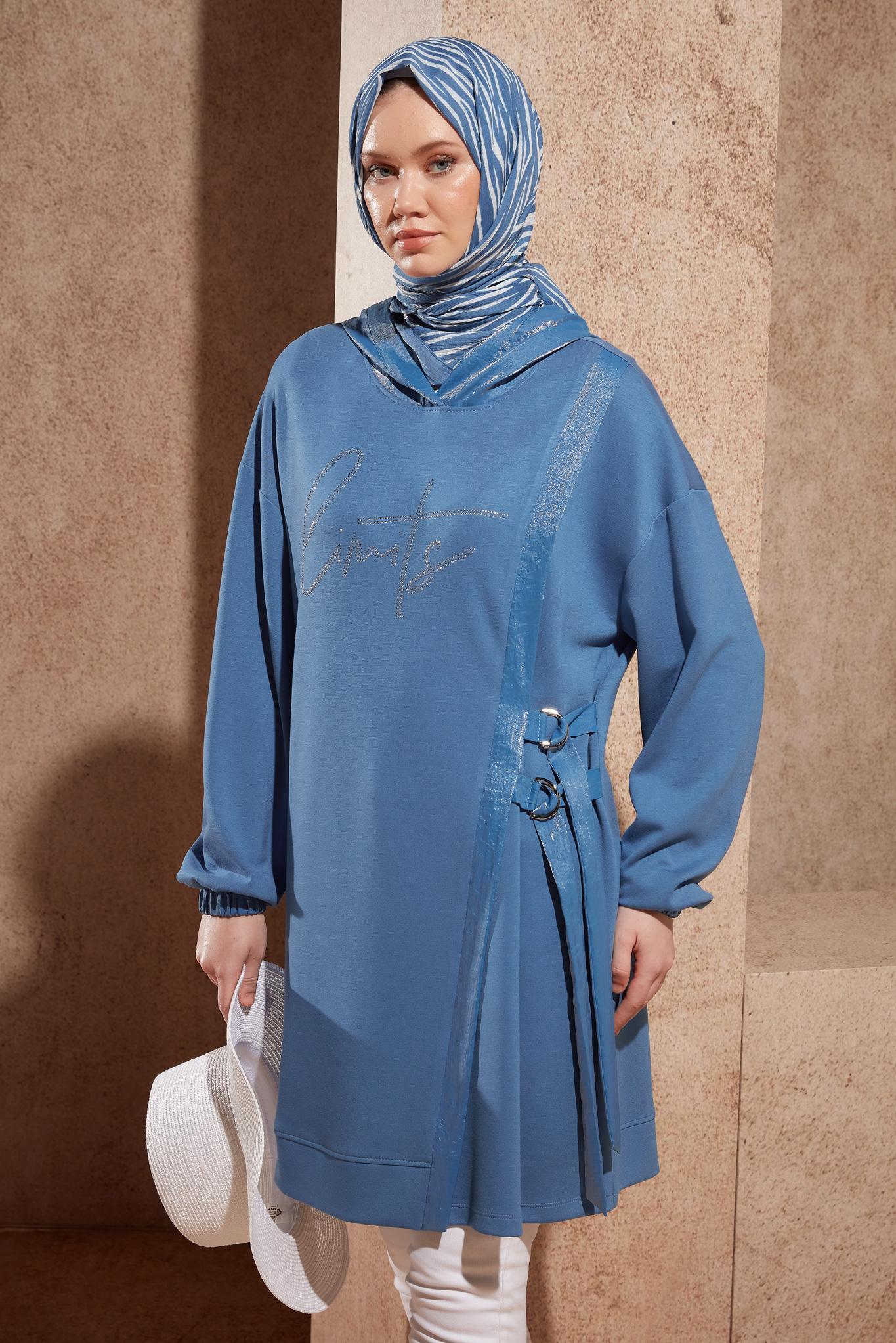 Tesettür giyim LACİVERT TAŞ BASKILI EŞOFMAN TUNİK 44516