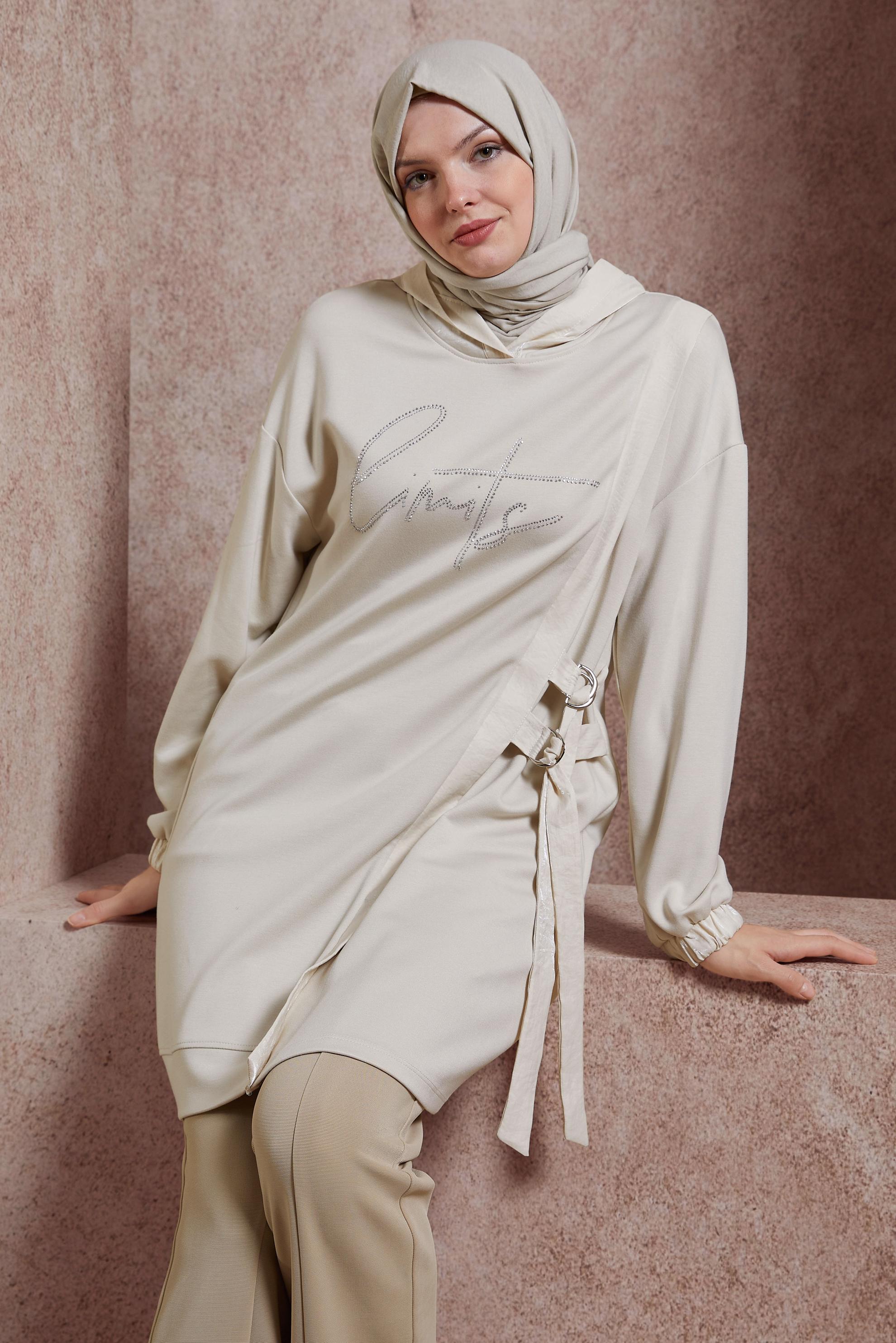 Tesettür giyim BEJ TAŞ BASKILI EŞOFMAN TUNİK 44516