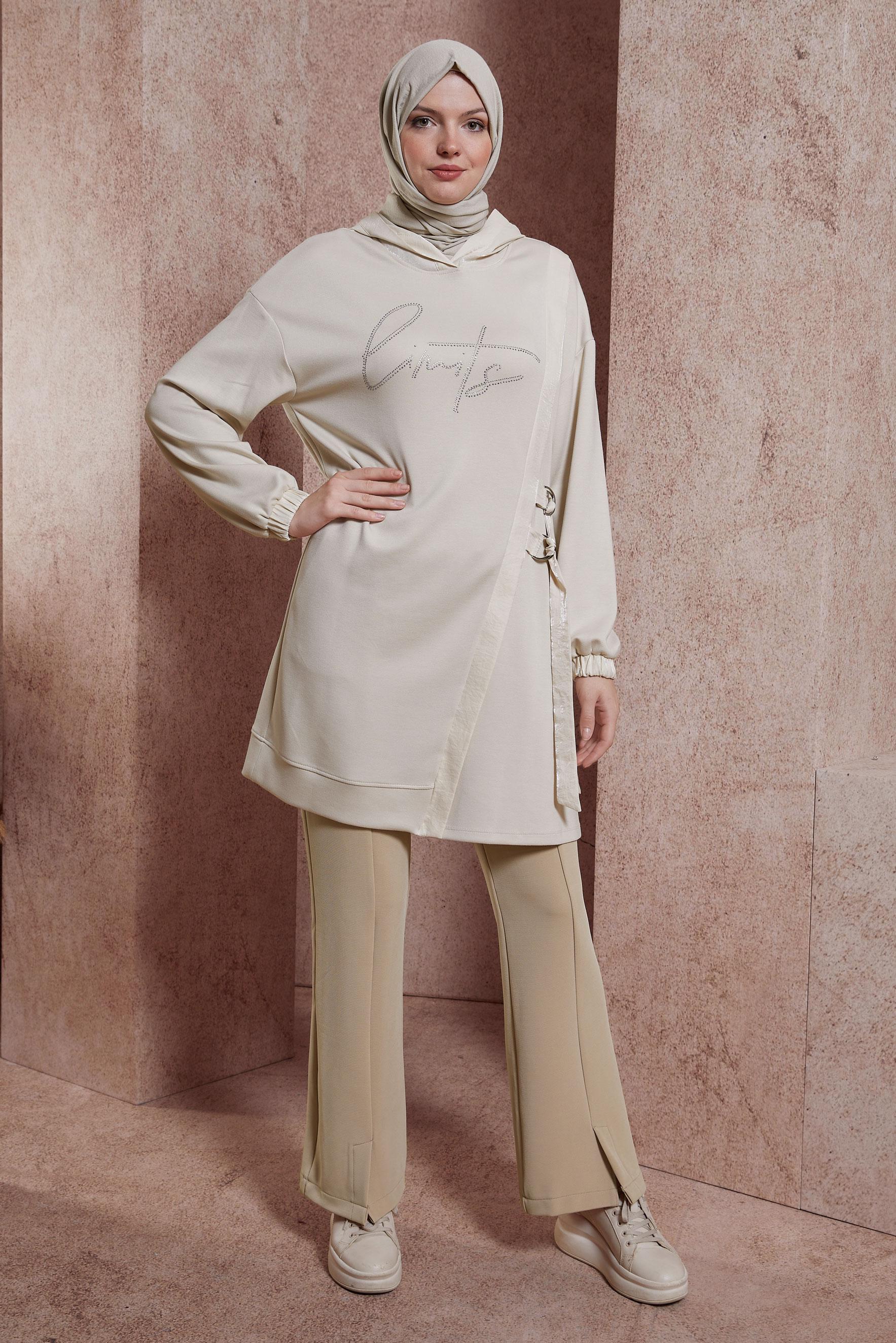 Tesettür giyim BEJ TAŞ BASKILI EŞOFMAN TUNİK 44516