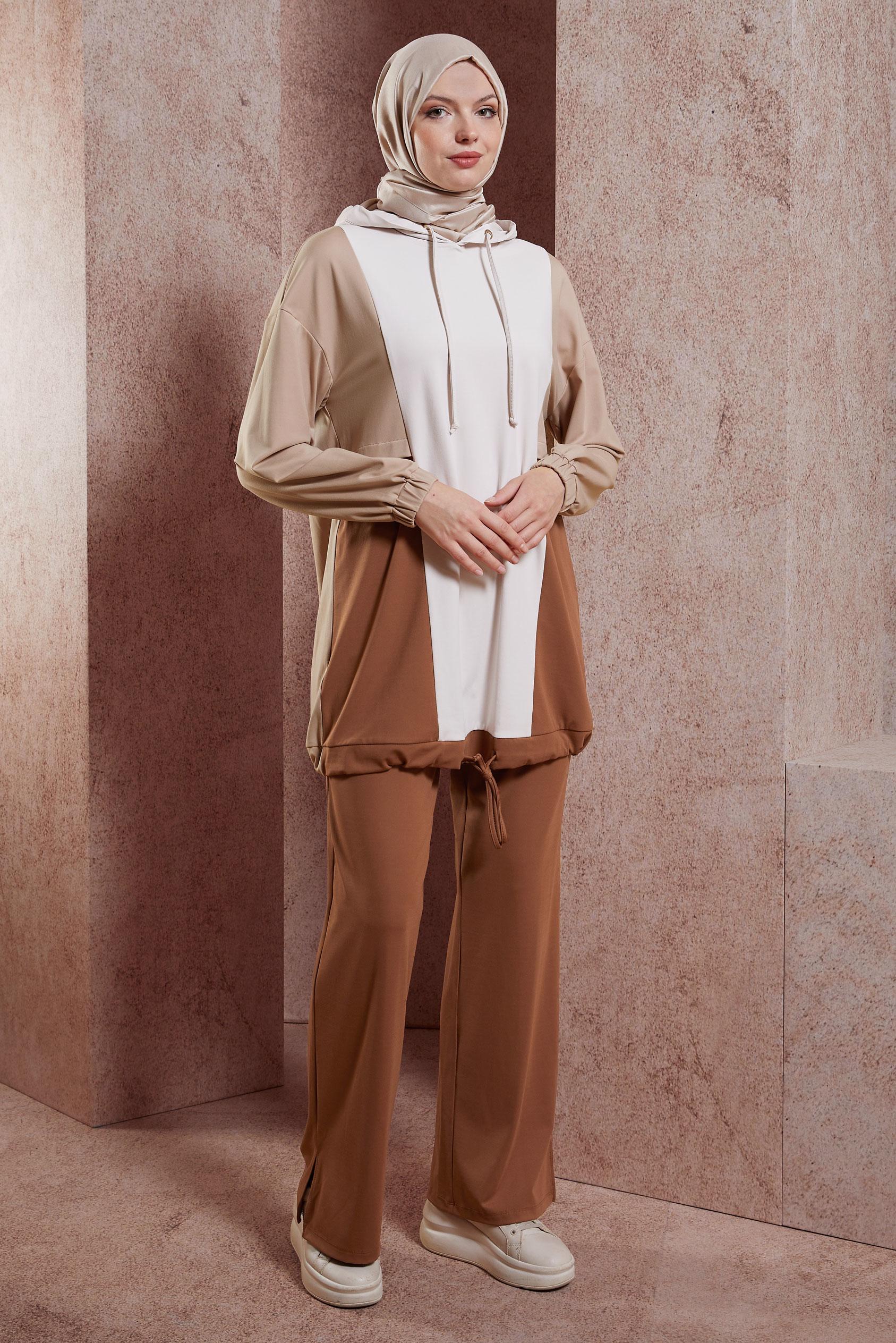 Tesettür giyim KAHVE PANTOLONLU EŞOFMAN TAKIM 44558