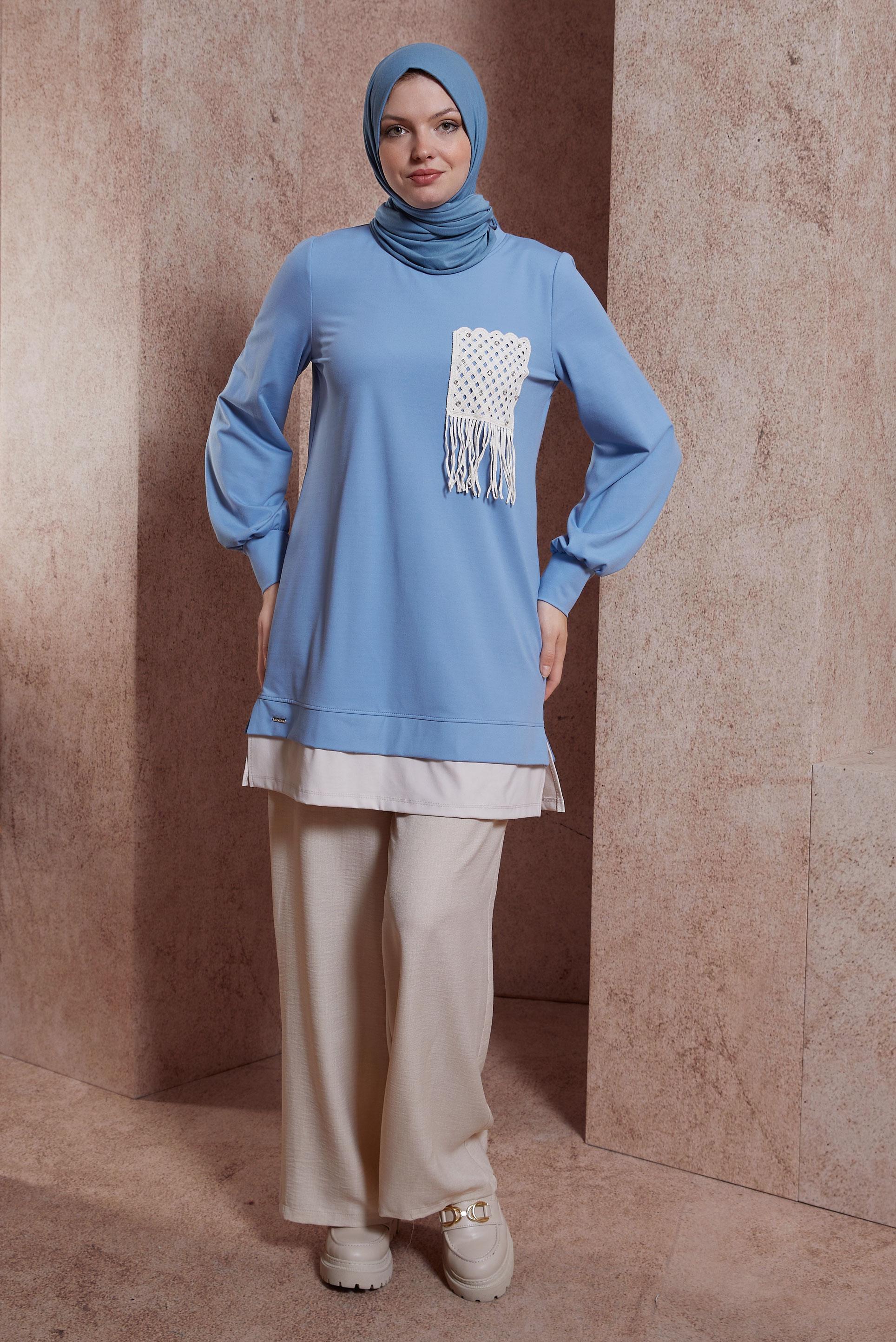 Tesettür giyim MAVİ PÜSKÜL DETAYLI EŞOFMAN TUNİK 44559
