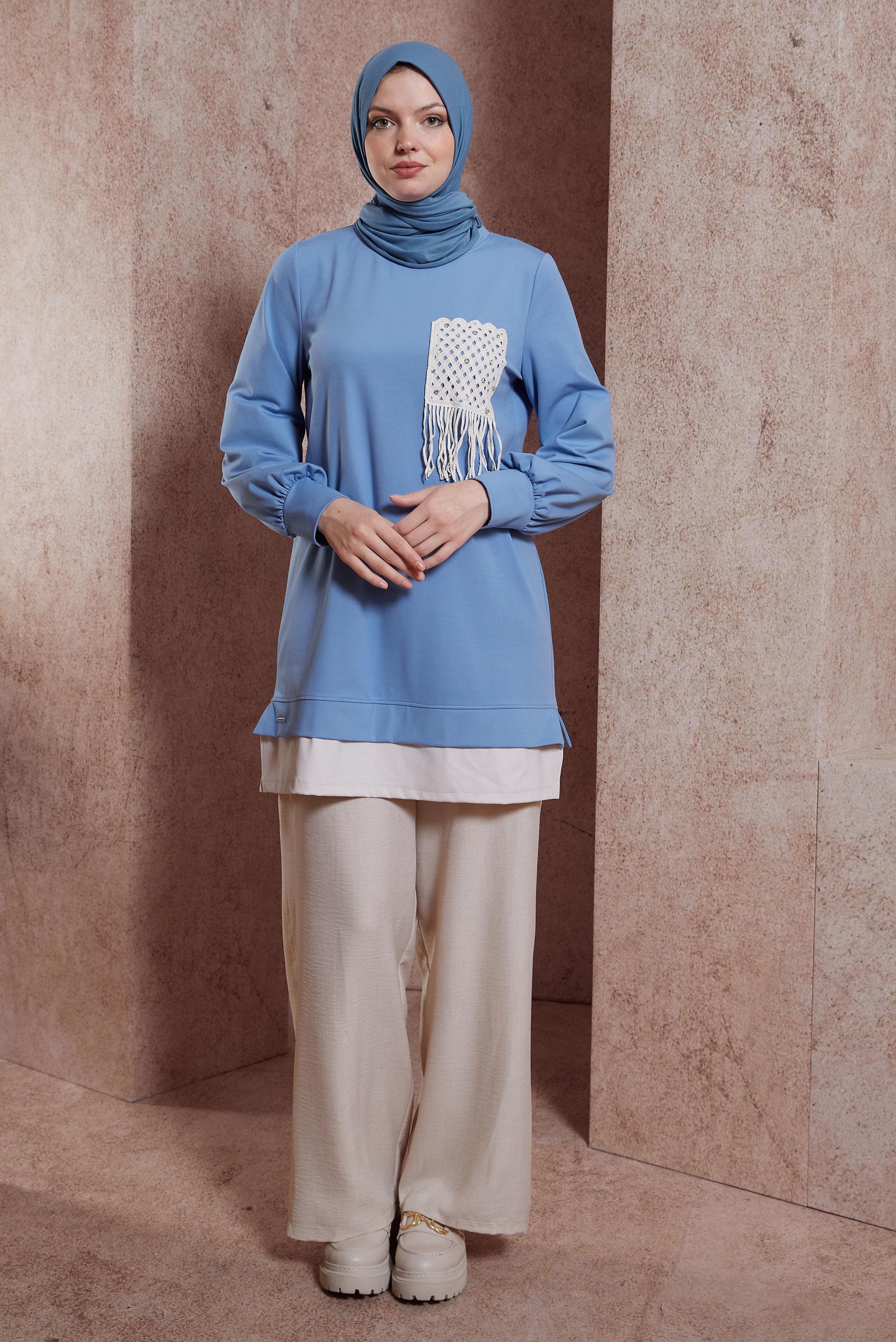 Tesettür giyim MAVİ PÜSKÜL DETAYLI EŞOFMAN TUNİK 44559