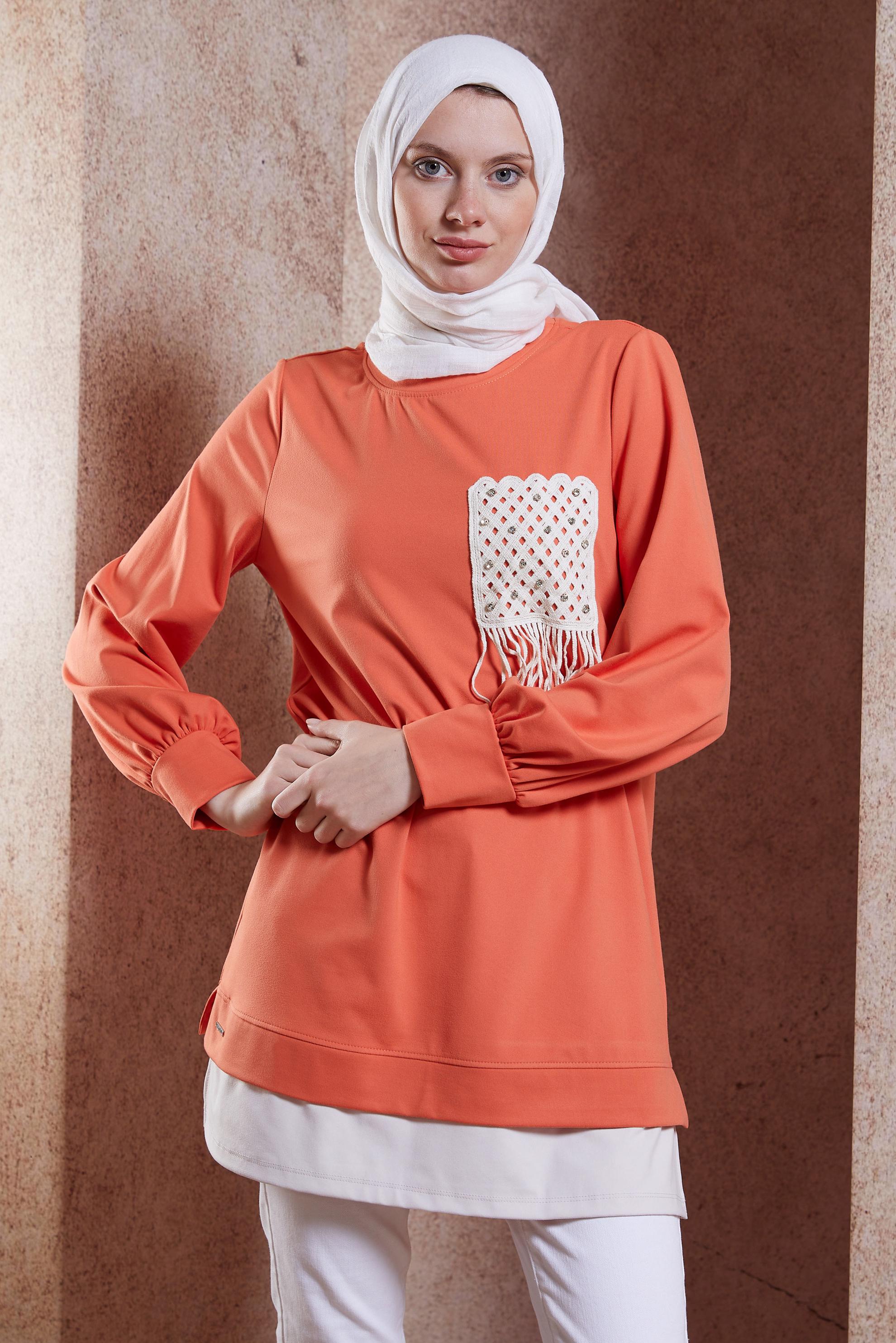 Tesettür giyim TURUNCU PÜSKÜL DETAYLI EŞOFMAN TUNİK 44559