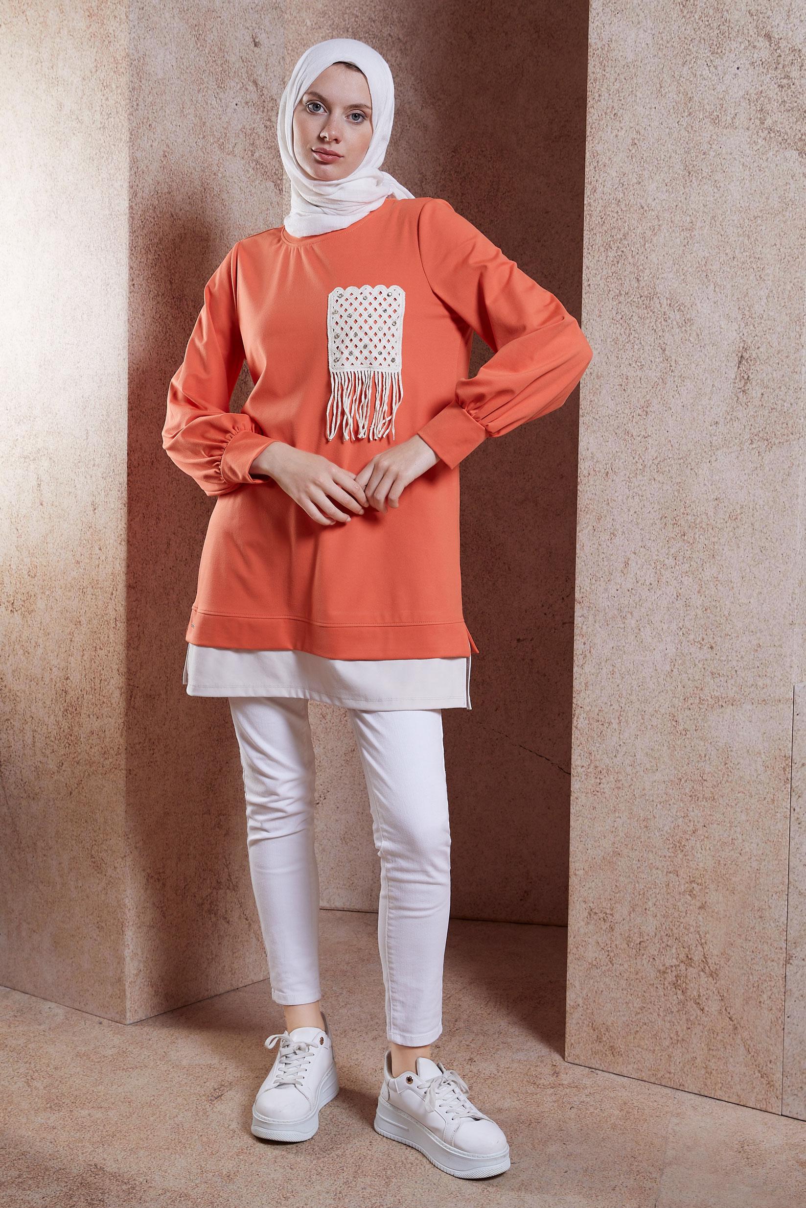 Tesettür giyim TURUNCU PÜSKÜL DETAYLI EŞOFMAN TUNİK 44559