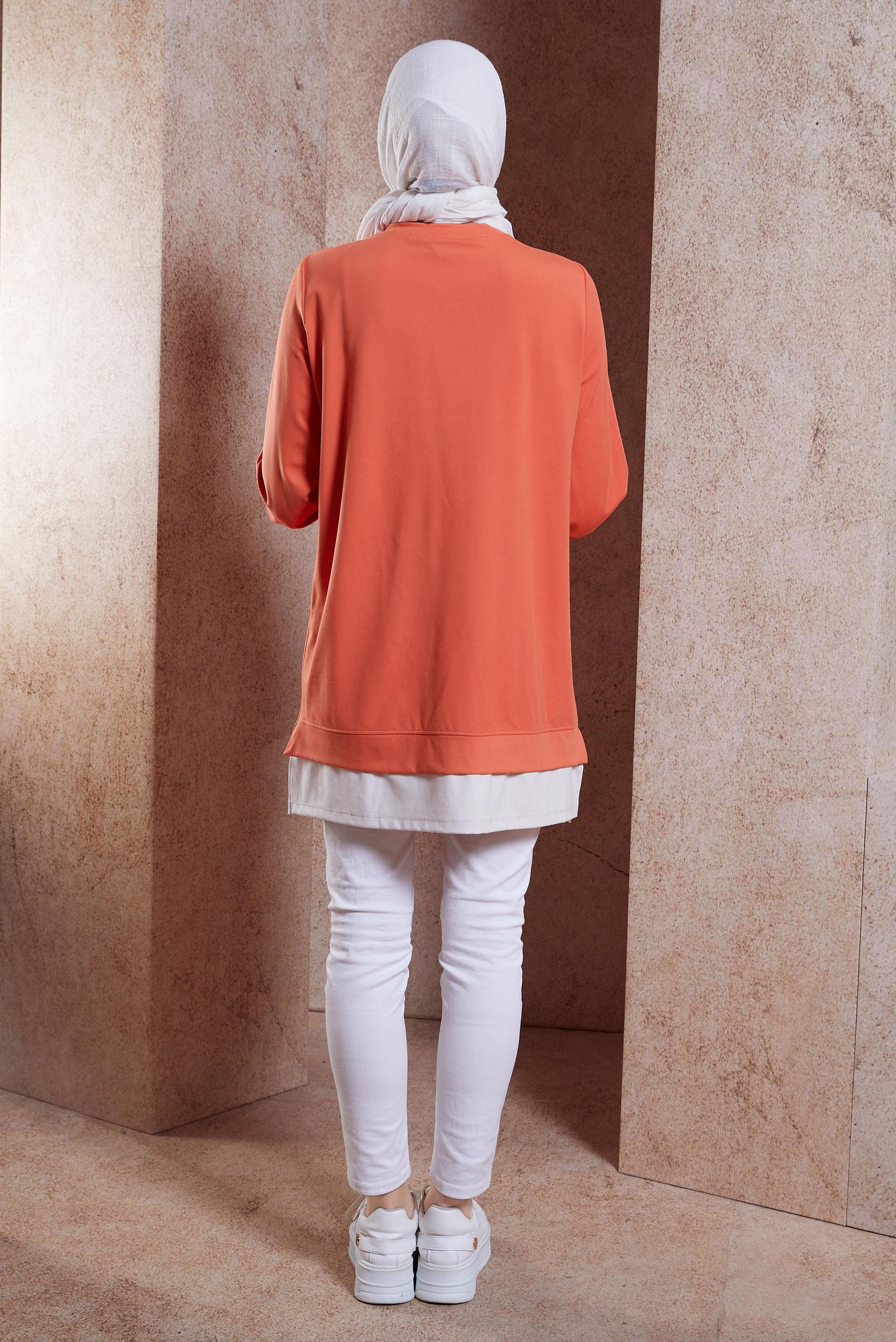 Tesettür giyim TURUNCU PÜSKÜL DETAYLI EŞOFMAN TUNİK 44559