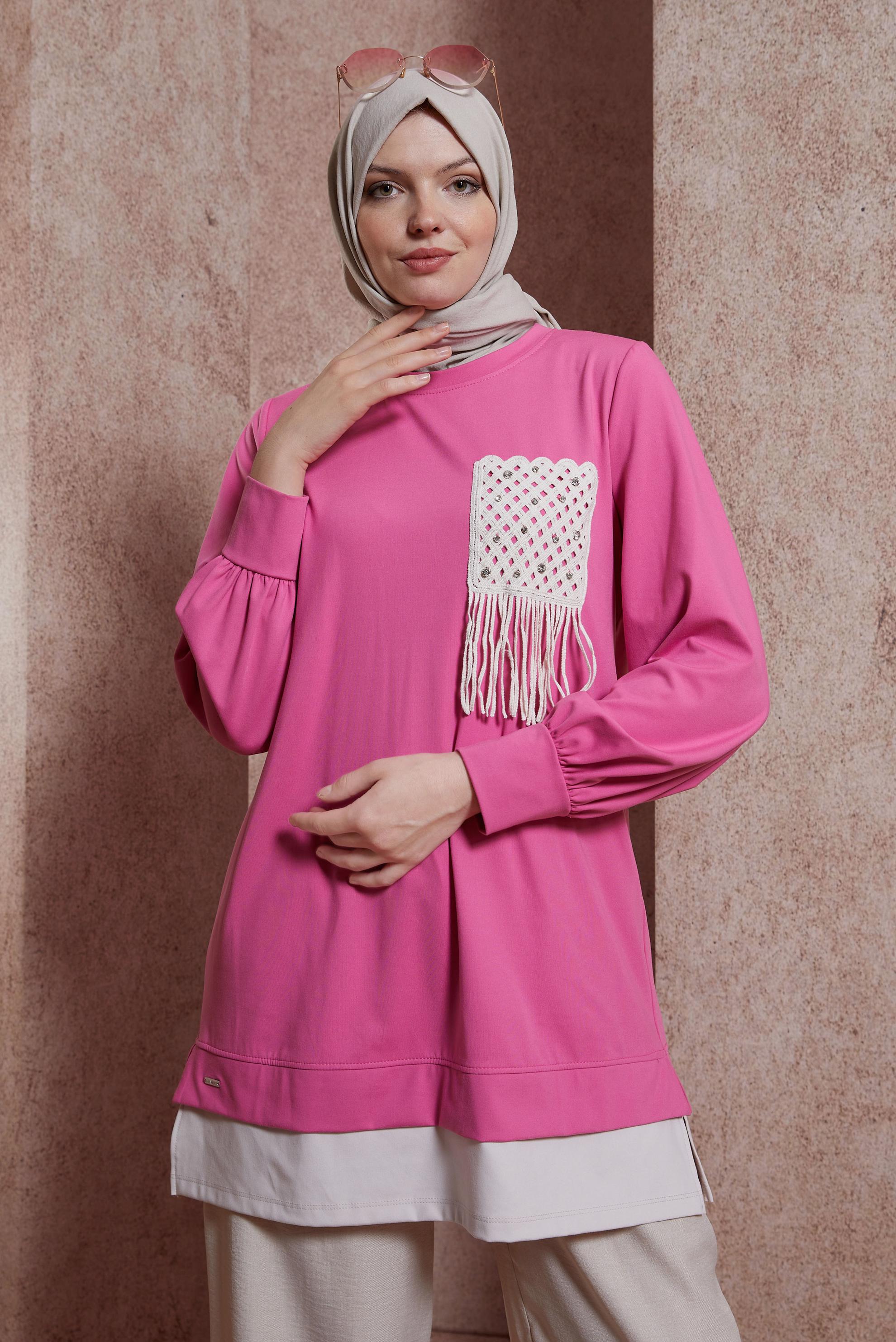 Tesettür giyim FUŞYA PÜSKÜL DETAYLI EŞOFMAN TUNİK 44559