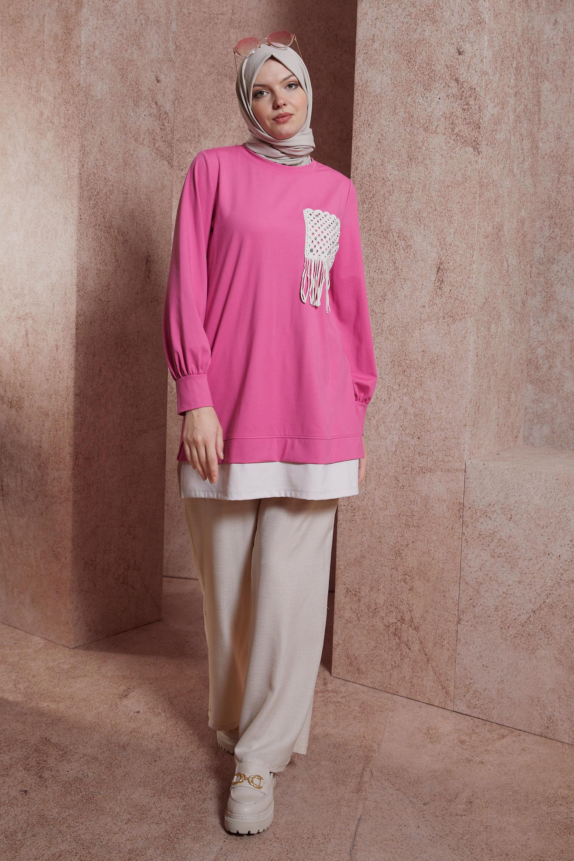 Tesettür giyim FUŞYA PÜSKÜL DETAYLI EŞOFMAN TUNİK 44559