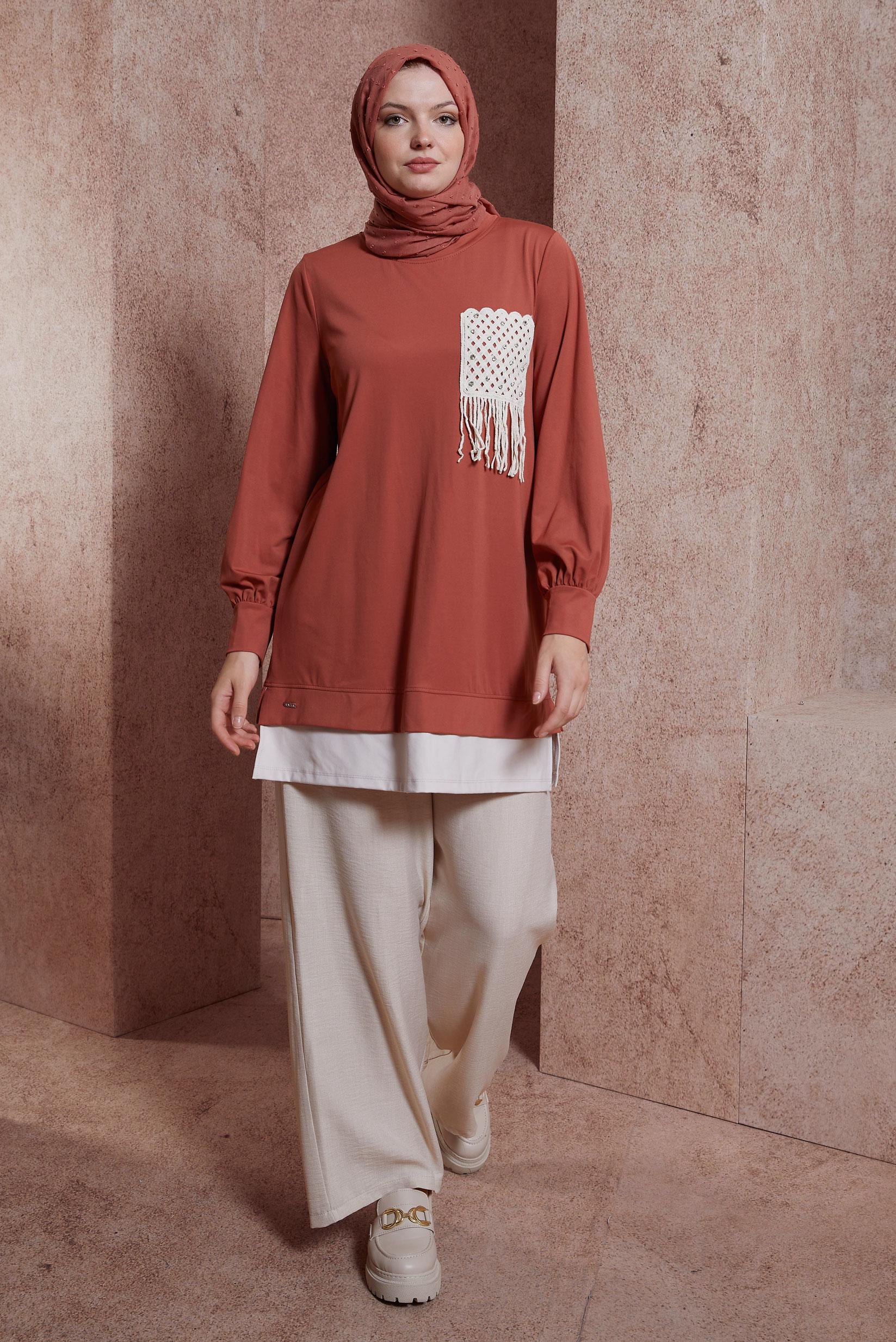 Tesettür giyim TURUNCU PÜSKÜL DETAYLI EŞOFMAN TUNİK 44559