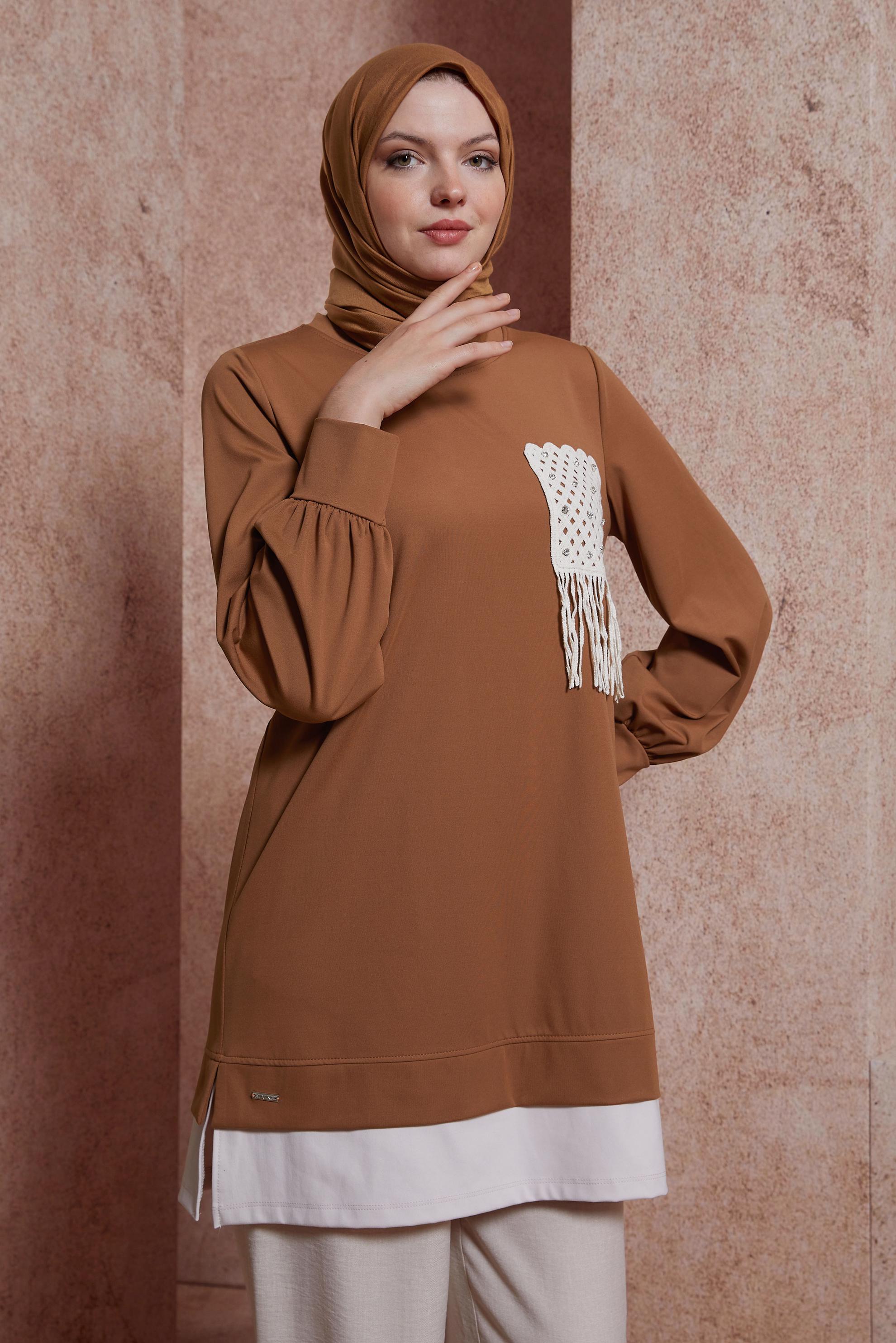 Tesettür giyim KAHVE PÜSKÜL DETAYLI EŞOFMAN TUNİK 44559