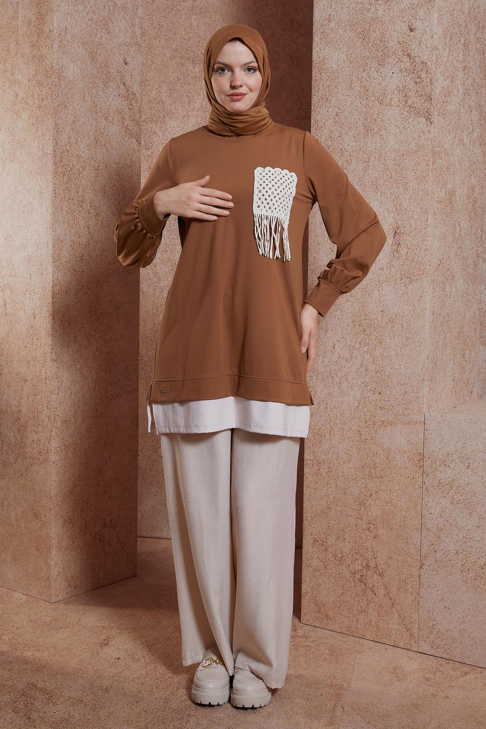 Tesettür giyim KAHVE PÜSKÜL DETAYLI EŞOFMAN TUNİK 44559