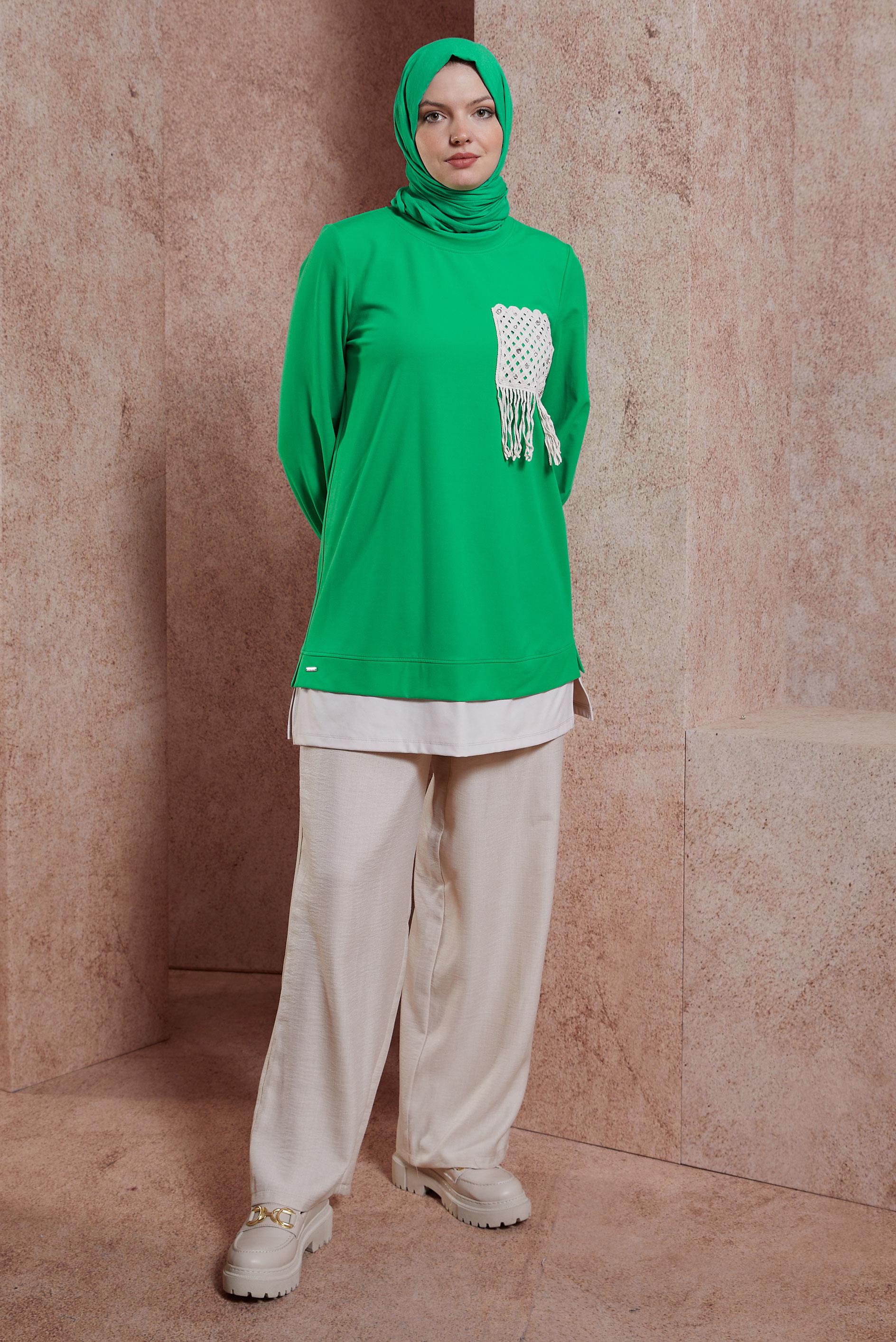 Tesettür giyim YEŞİL PÜSKÜL DETAYLI EŞOFMAN TUNİK 44559