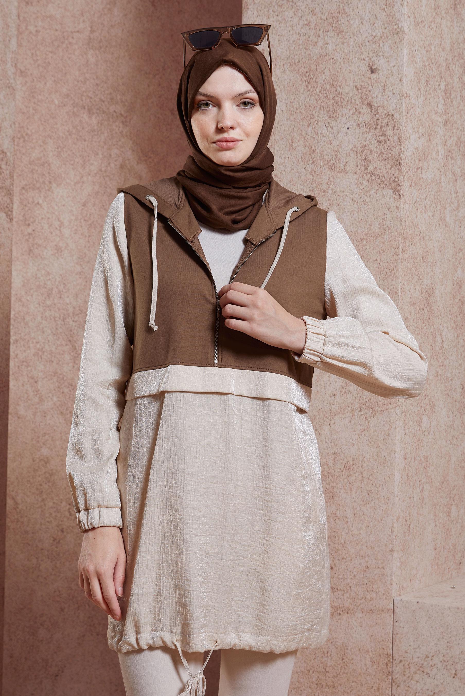 Tesettür giyim BEJ KAPÜŞONLU EŞOFMAN TUNİK 44560