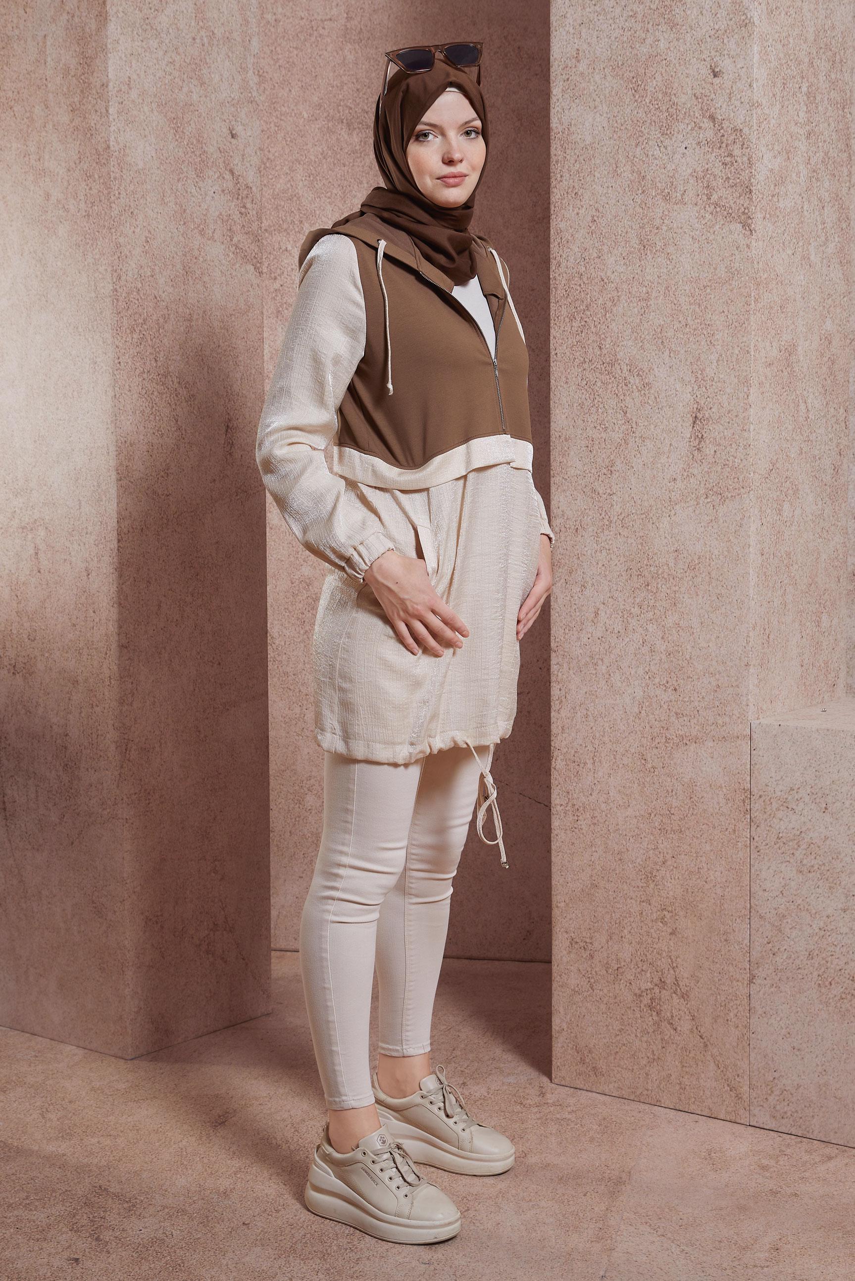 Tesettür giyim BEJ KAPÜŞONLU EŞOFMAN TUNİK 44560