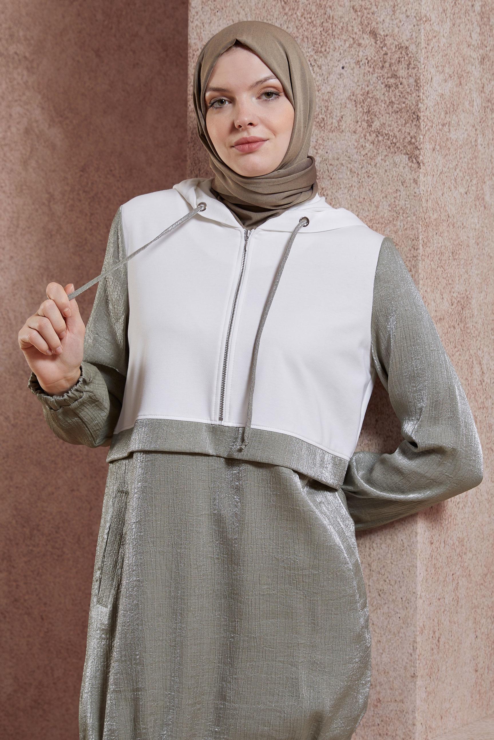 Tesettür giyim HAKİ KAPÜŞONLU EŞOFMAN TUNİK 44560