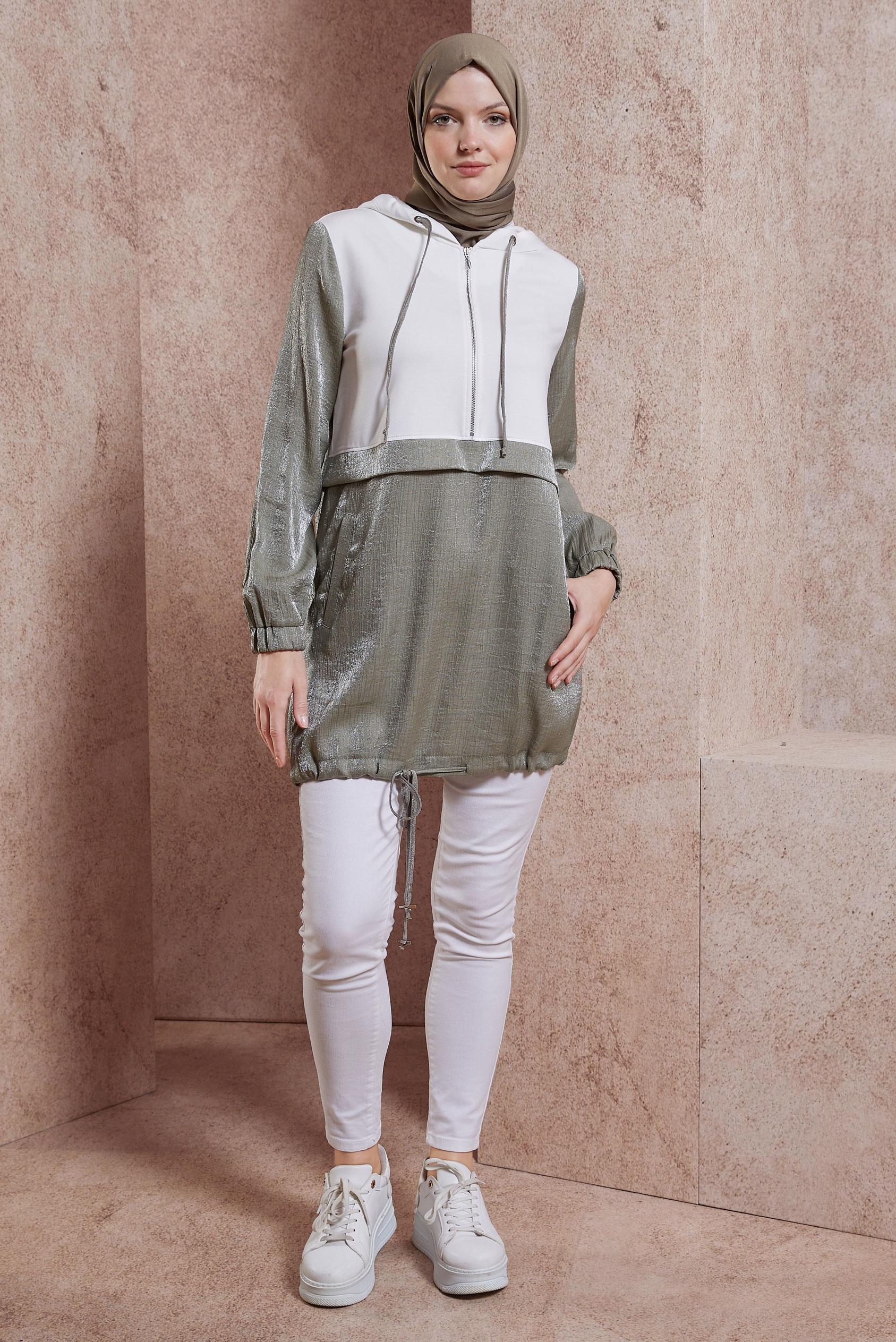 Tesettür giyim HAKİ KAPÜŞONLU EŞOFMAN TUNİK 44560