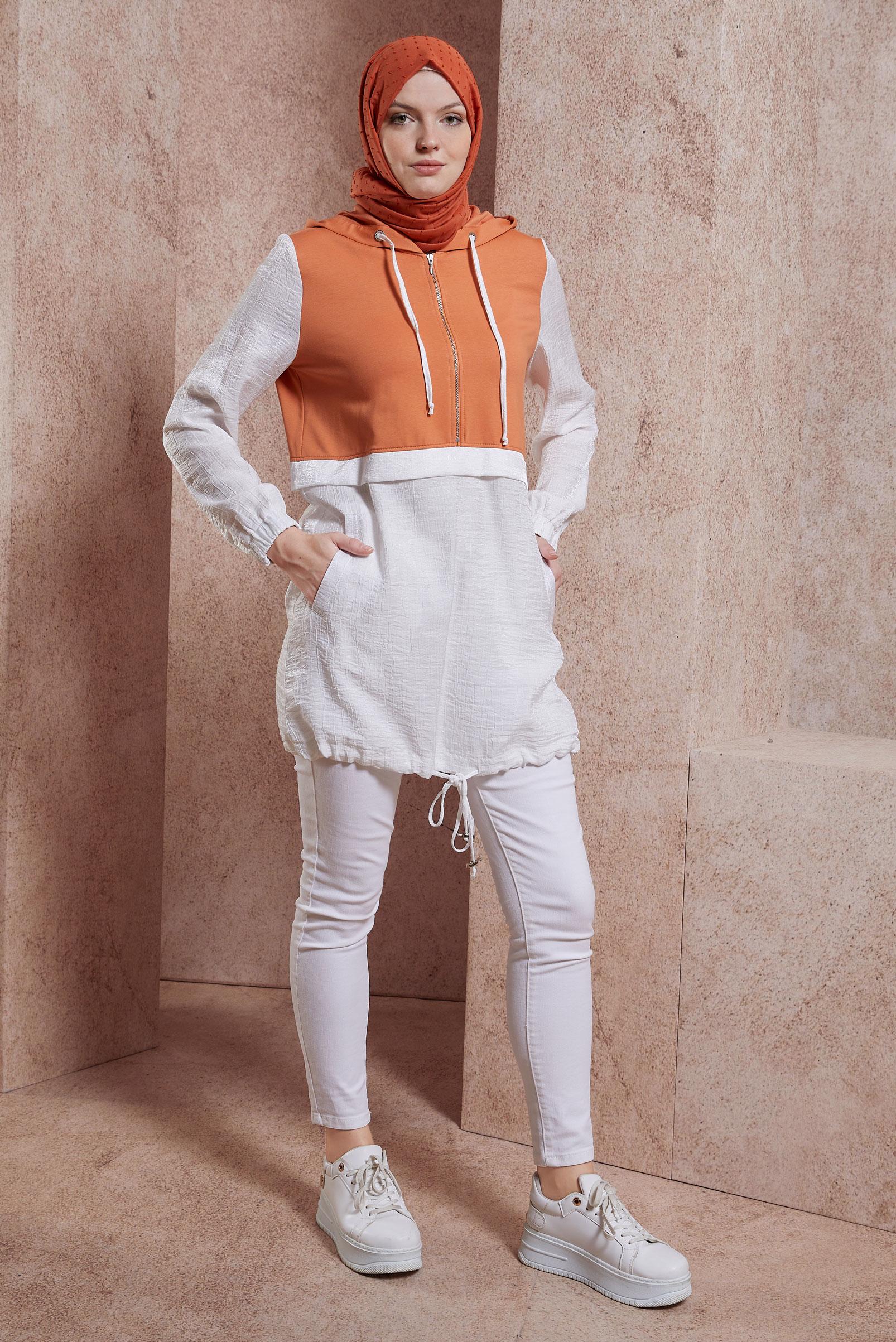 Tesettür giyim BEJ KAPÜŞONLU EŞOFMAN TUNİK 44560