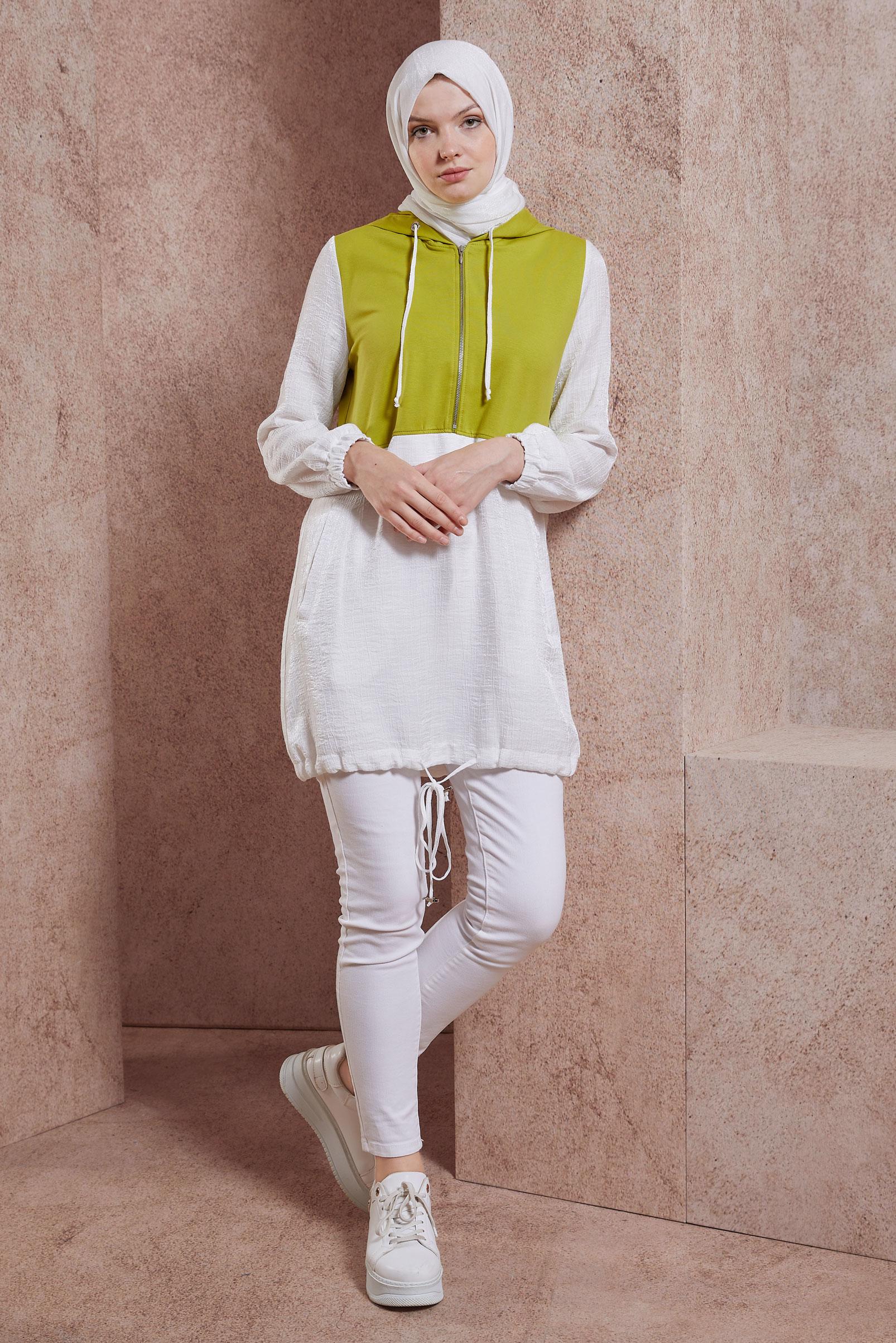 Tesettür giyim BEJ KAPÜŞONLU EŞOFMAN TUNİK 44560