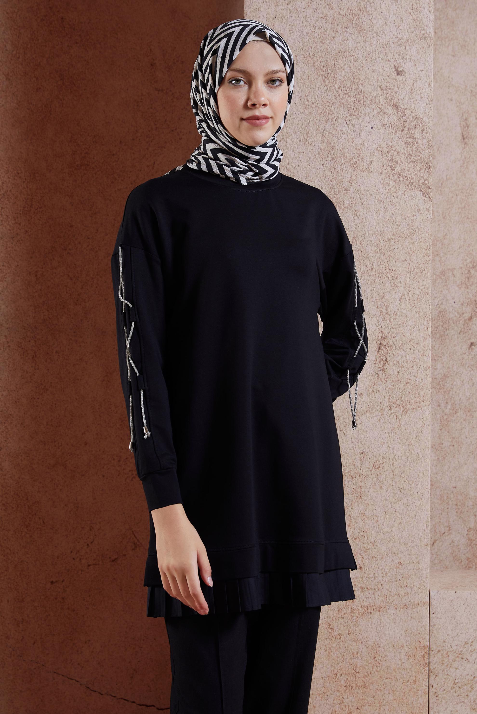 Tesettür giyim SİYAH BAĞCIK DETAYLI EŞOFMAN TUNİK 44561