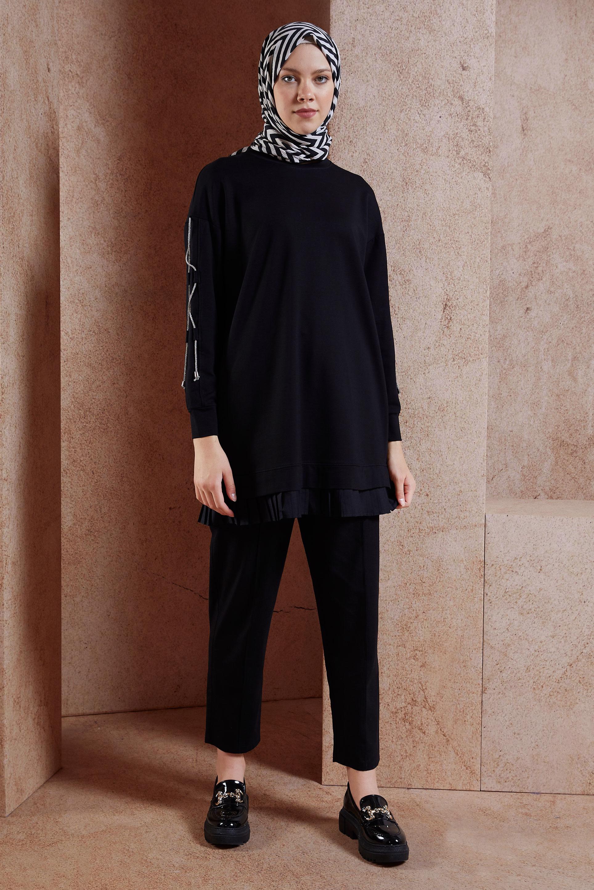 Tesettür giyim SİYAH BAĞCIK DETAYLI EŞOFMAN TUNİK 44561