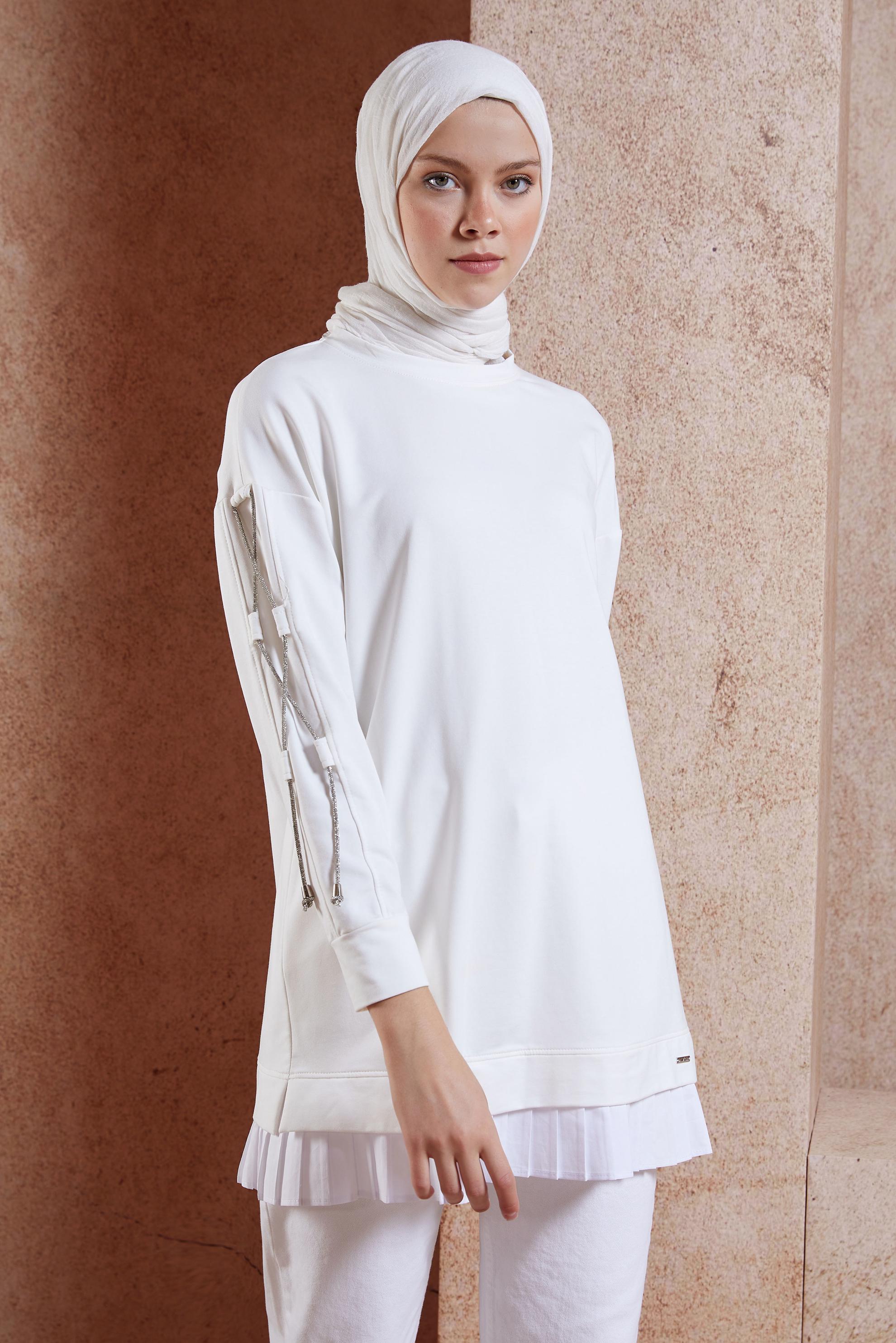 Tesettür giyim BEYAZ BAĞCIK DETAYLI EŞOFMAN TUNİK 44561