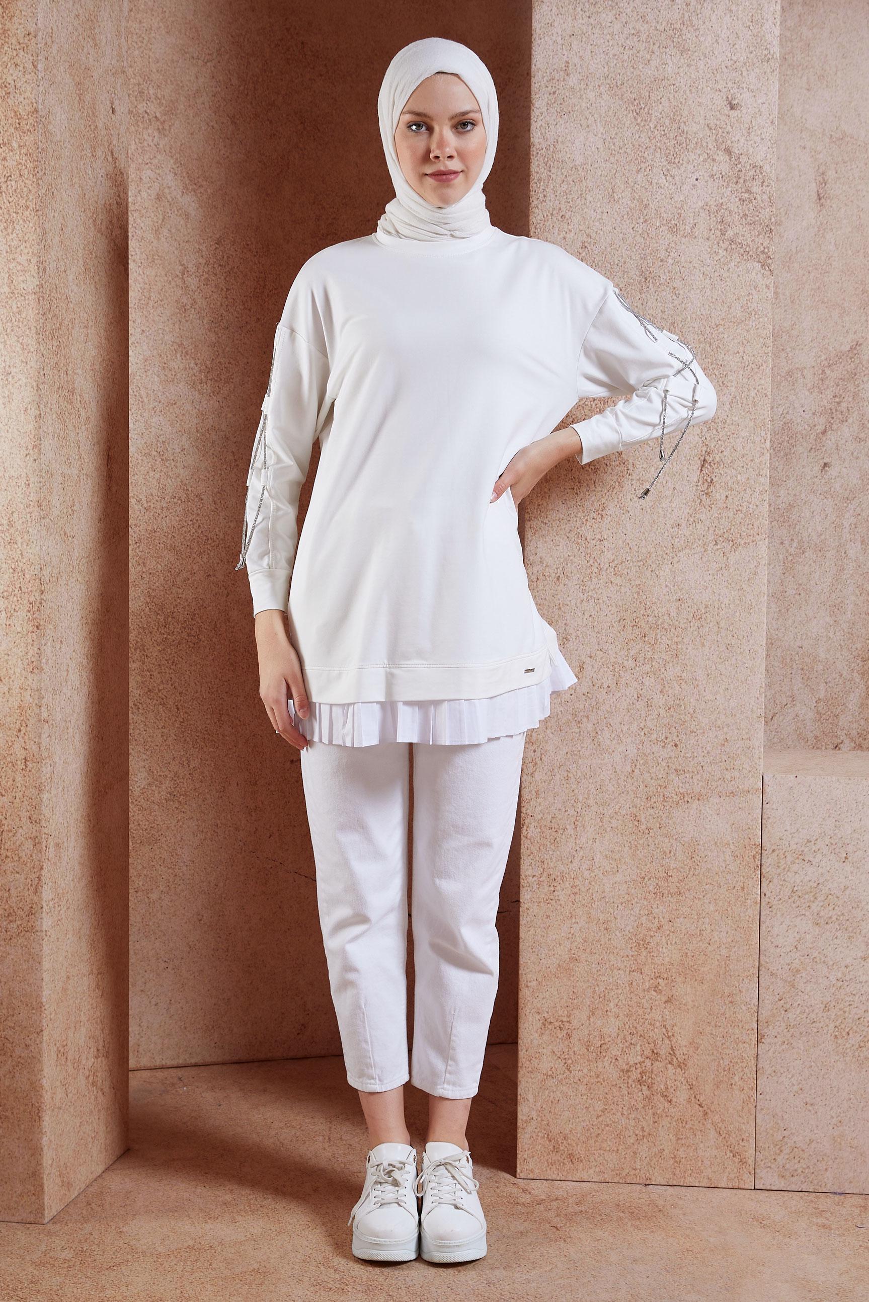 Tesettür giyim BEYAZ BAĞCIK DETAYLI EŞOFMAN TUNİK 44561