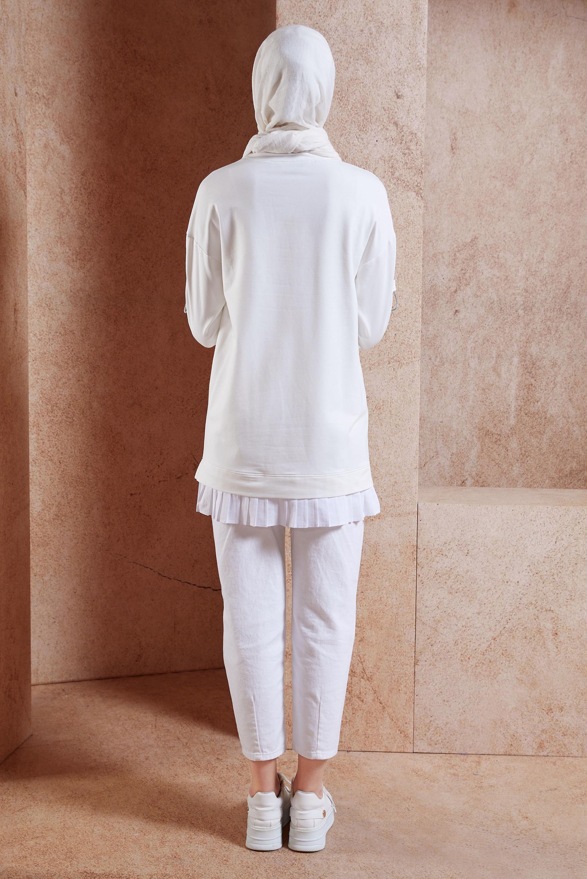 Tesettür giyim BEYAZ BAĞCIK DETAYLI EŞOFMAN TUNİK 44561