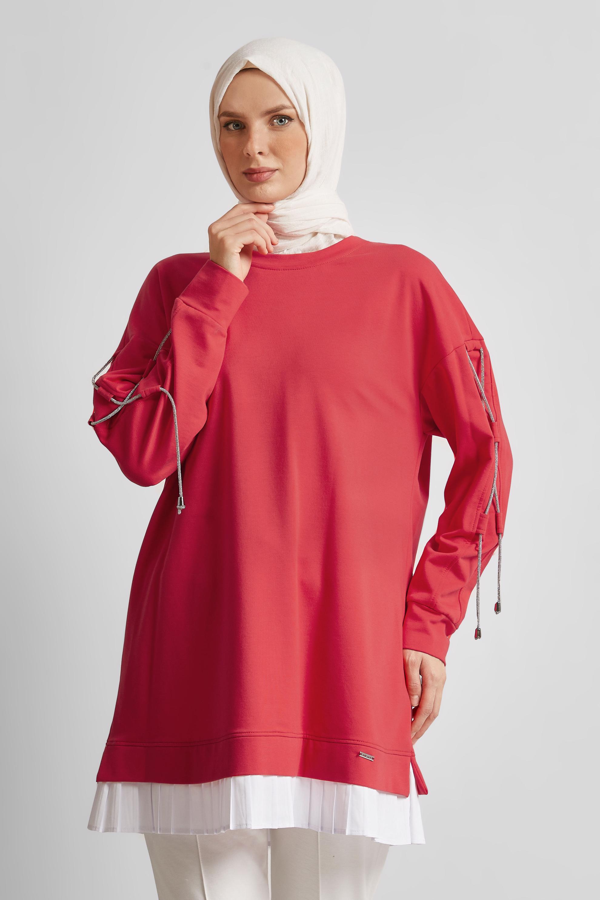 Tesettür giyim KIRMIZI BAĞCIK DETAYLI EŞOFMAN TUNİK 44561