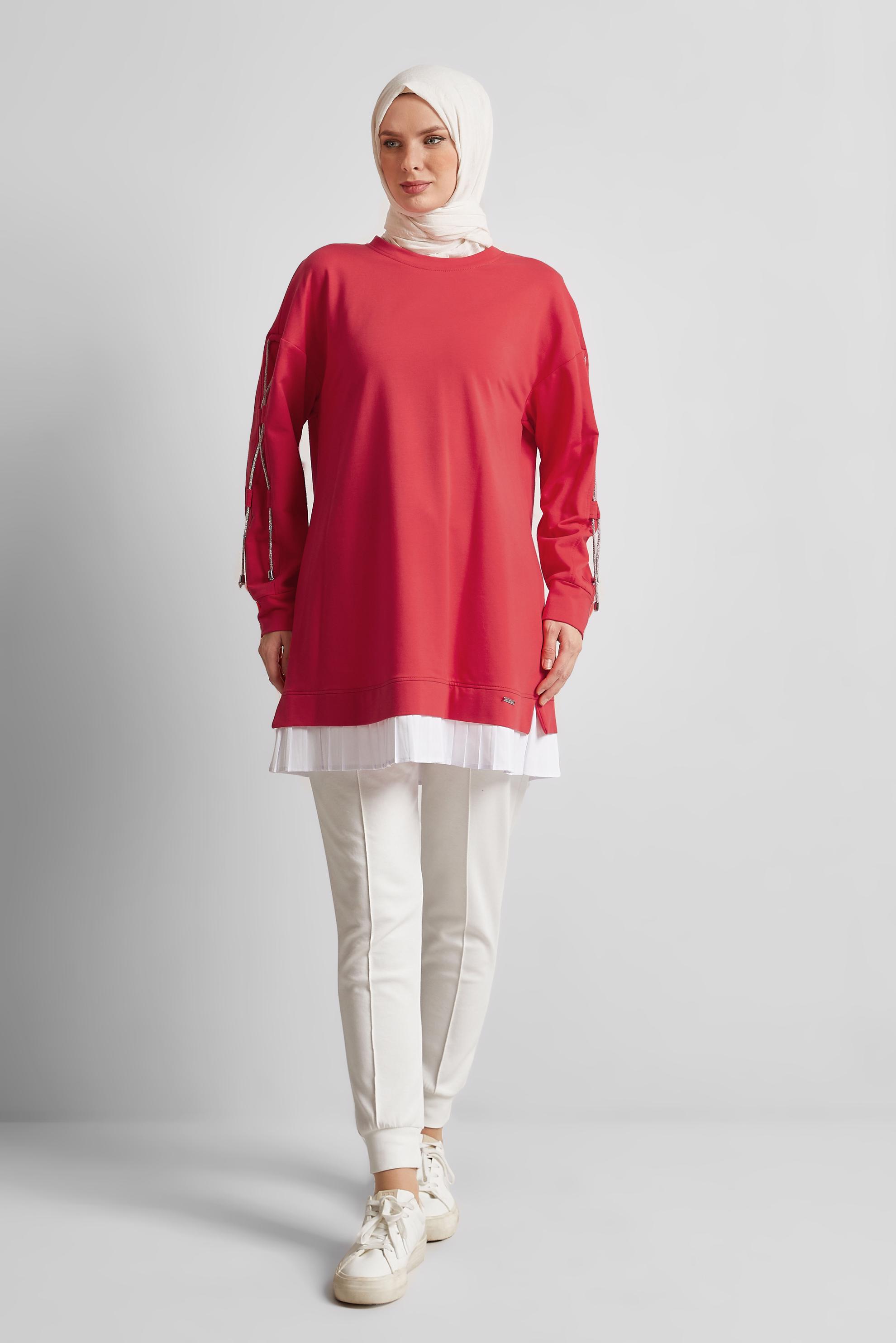 Tesettür giyim KIRMIZI BAĞCIK DETAYLI EŞOFMAN TUNİK 44561